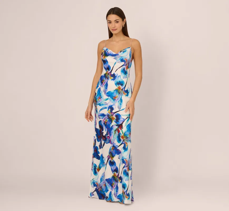 Embellished Strap Floral Satin Slip Dress In Blue Ivory Multi sold by Adrianna Papell