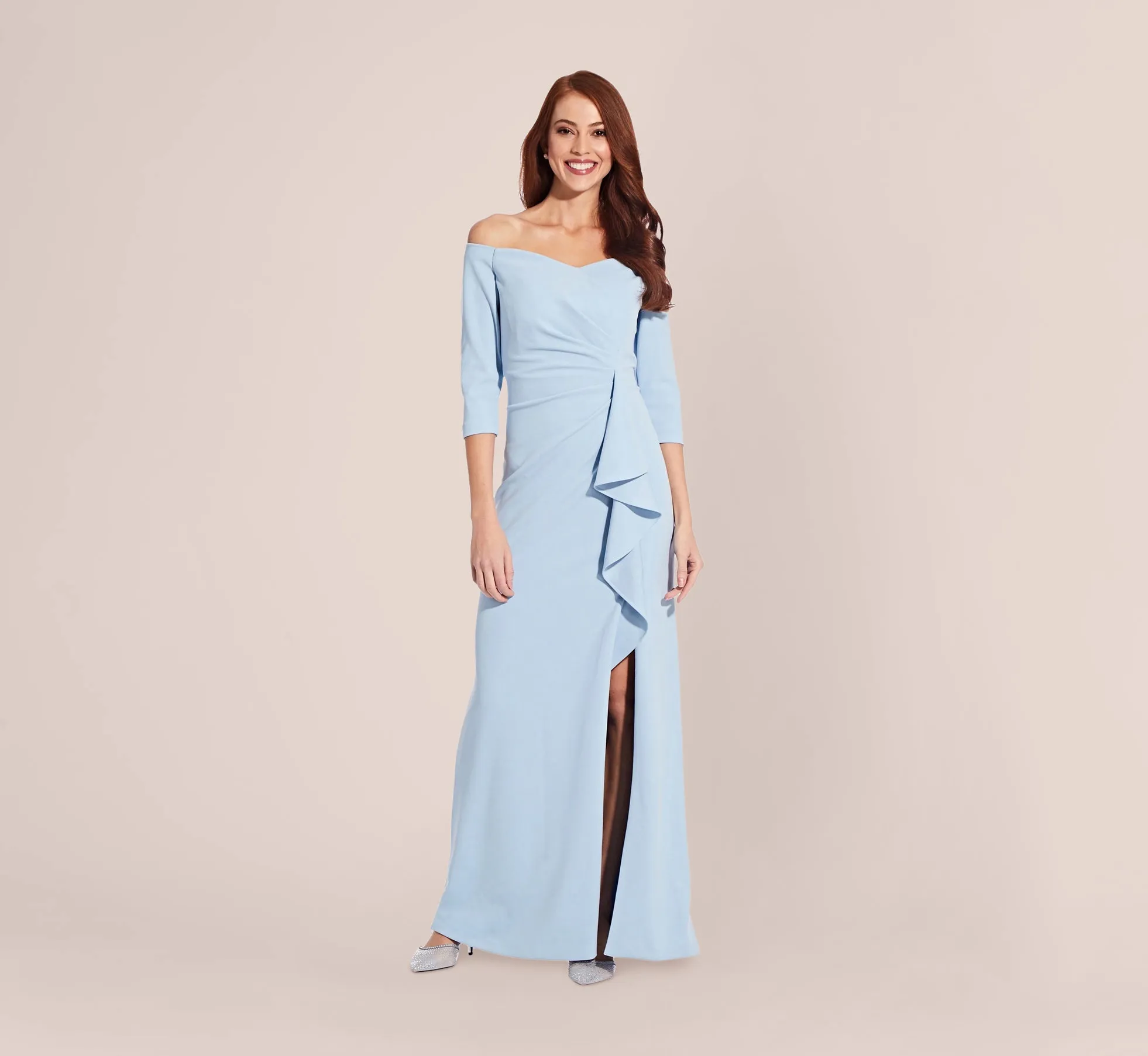 Off The Shoulder Dress With Cascading Ruffle Detail In Blue Mist sold by Adrianna Papell product image thumbnail 3