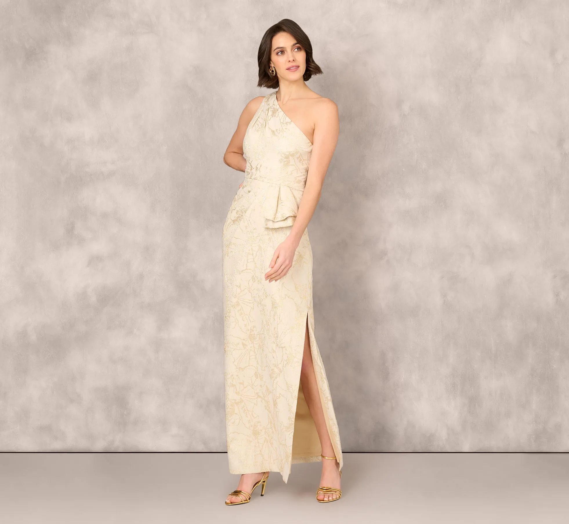 One Shoulder Metallic Stretch Jacquard Column Gown In Light Gold sold by Adrianna Papell