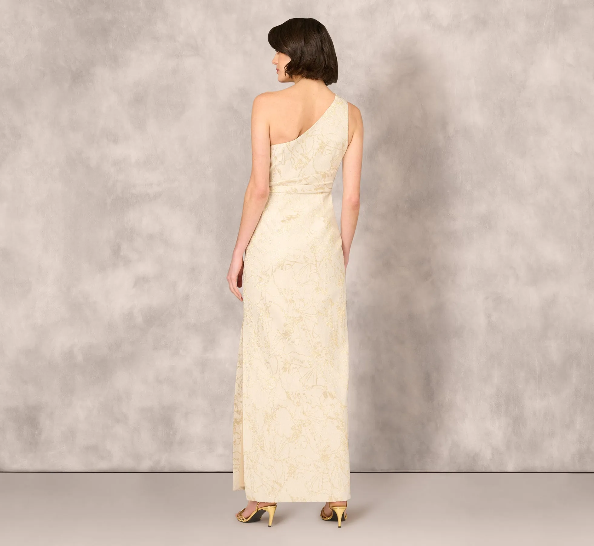 One Shoulder Metallic Stretch Jacquard Column Gown In Light Gold sold by Adrianna Papell product image thumbnail 5