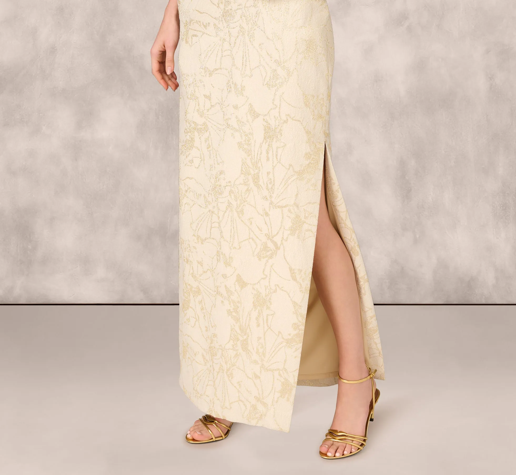 One Shoulder Metallic Stretch Jacquard Column Gown In Light Gold sold by Adrianna Papell product image thumbnail 3