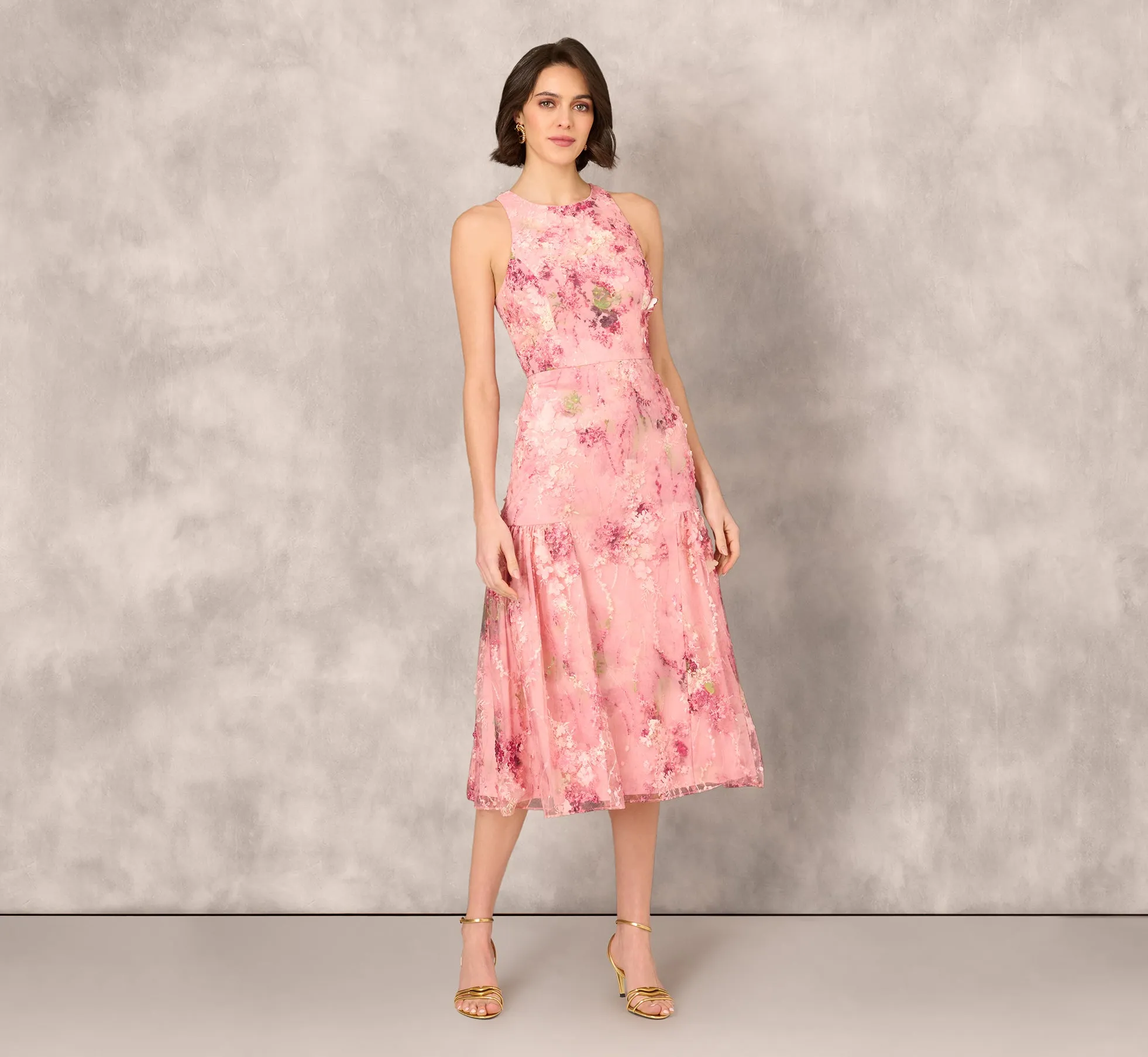 Sleeveless Embroidered Side Flounce Midi Dress In Pink Multi sold by Adrianna Papell