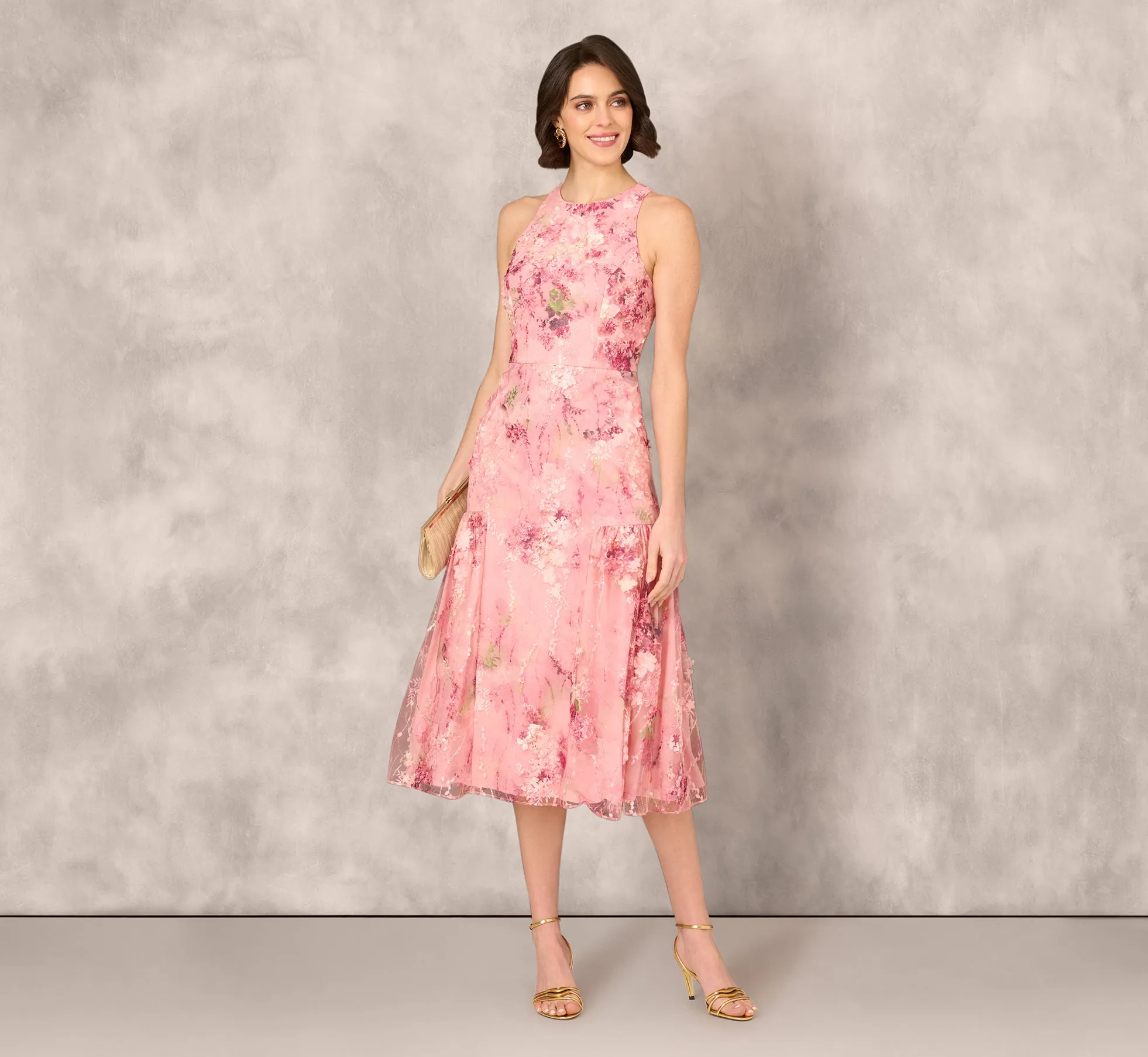 Sleeveless Embroidered Side Flounce Midi Dress In Pink Multi sold by Adrianna Papell product image thumbnail 2