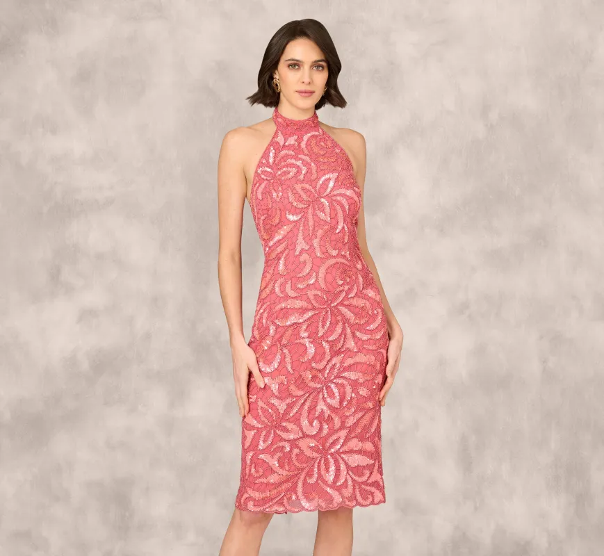 Beaded Halter Midi Sheath Dress In Summer Rose sold by Adrianna Papell