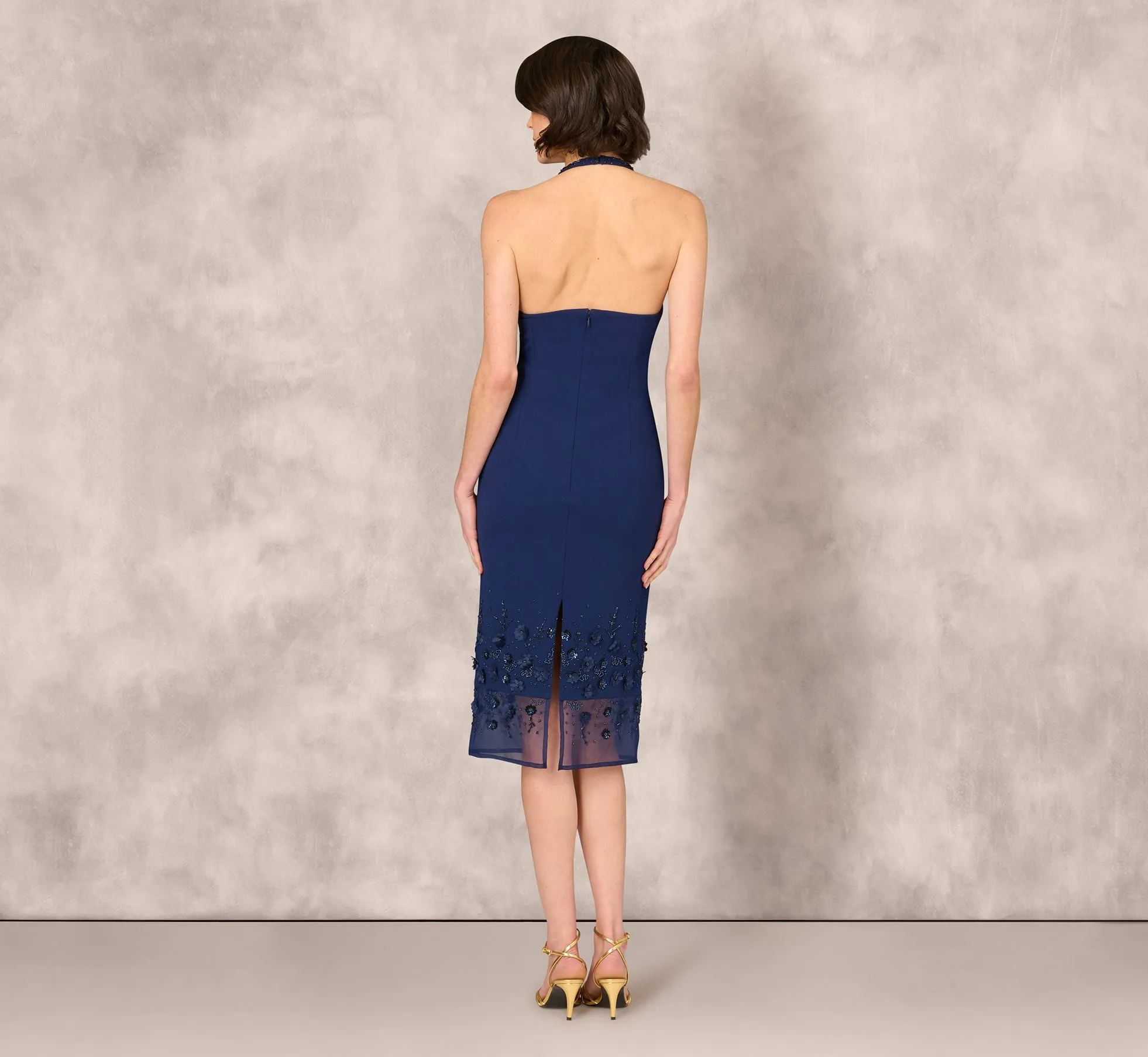 Sleeveless Beaded Organza Hem Halter Midi Dress In Navy sold by Adrianna Papell product image thumbnail 5