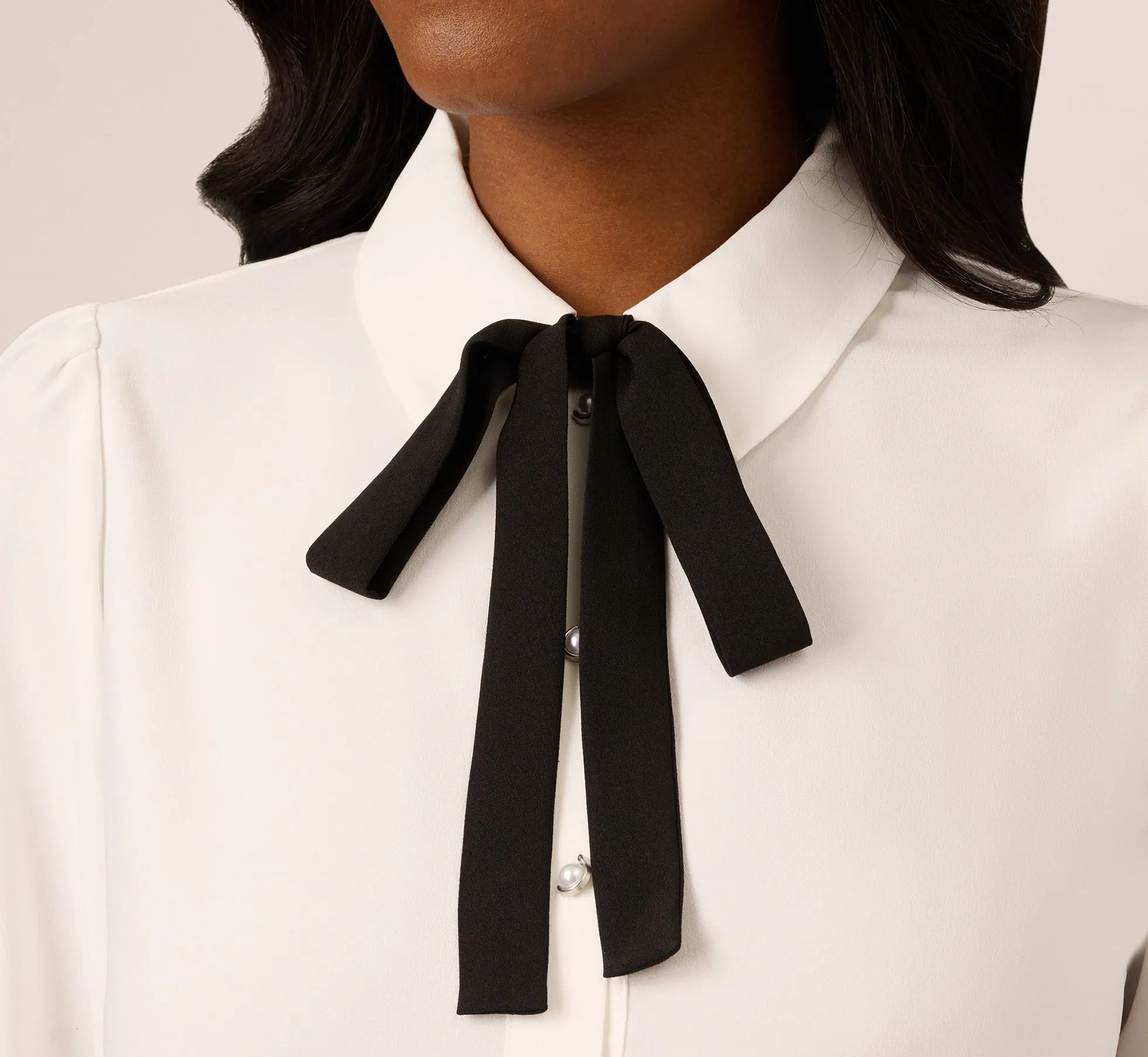 Long Sleeve Collared Tie Neck Blouse In Ivory Black sold by Adrianna Papell product image thumbnail 3