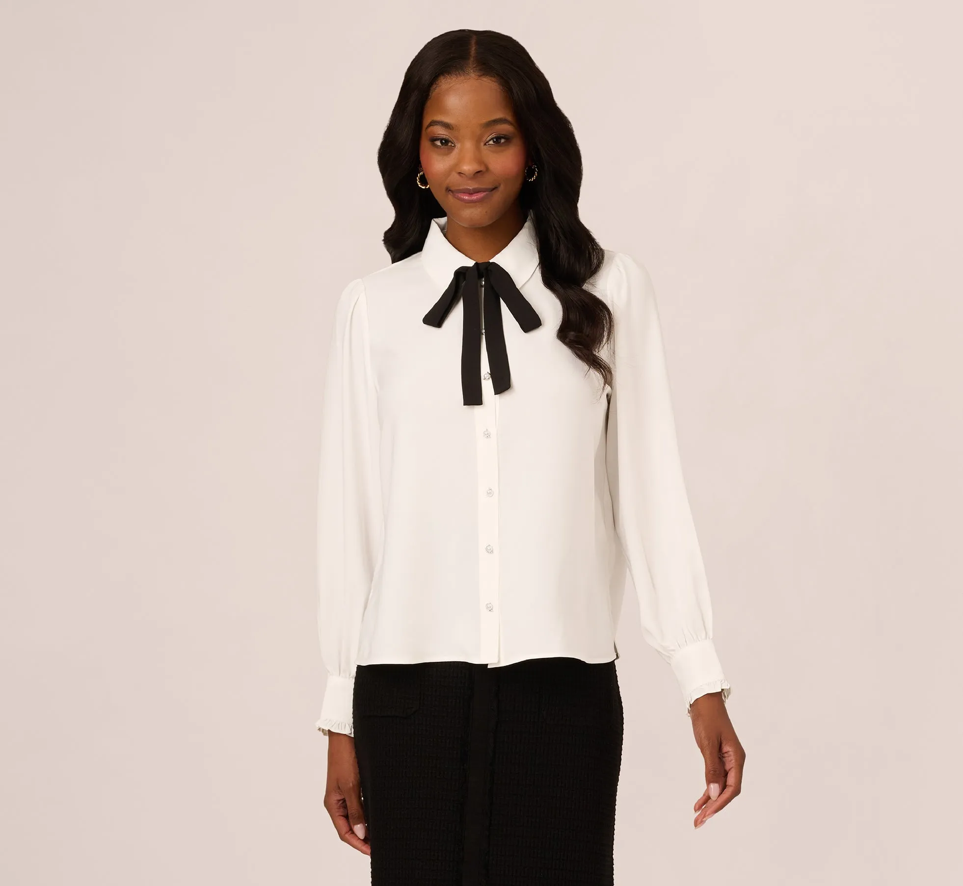 Long Sleeve Collared Tie Neck Blouse In Ivory Black sold by Adrianna Papell