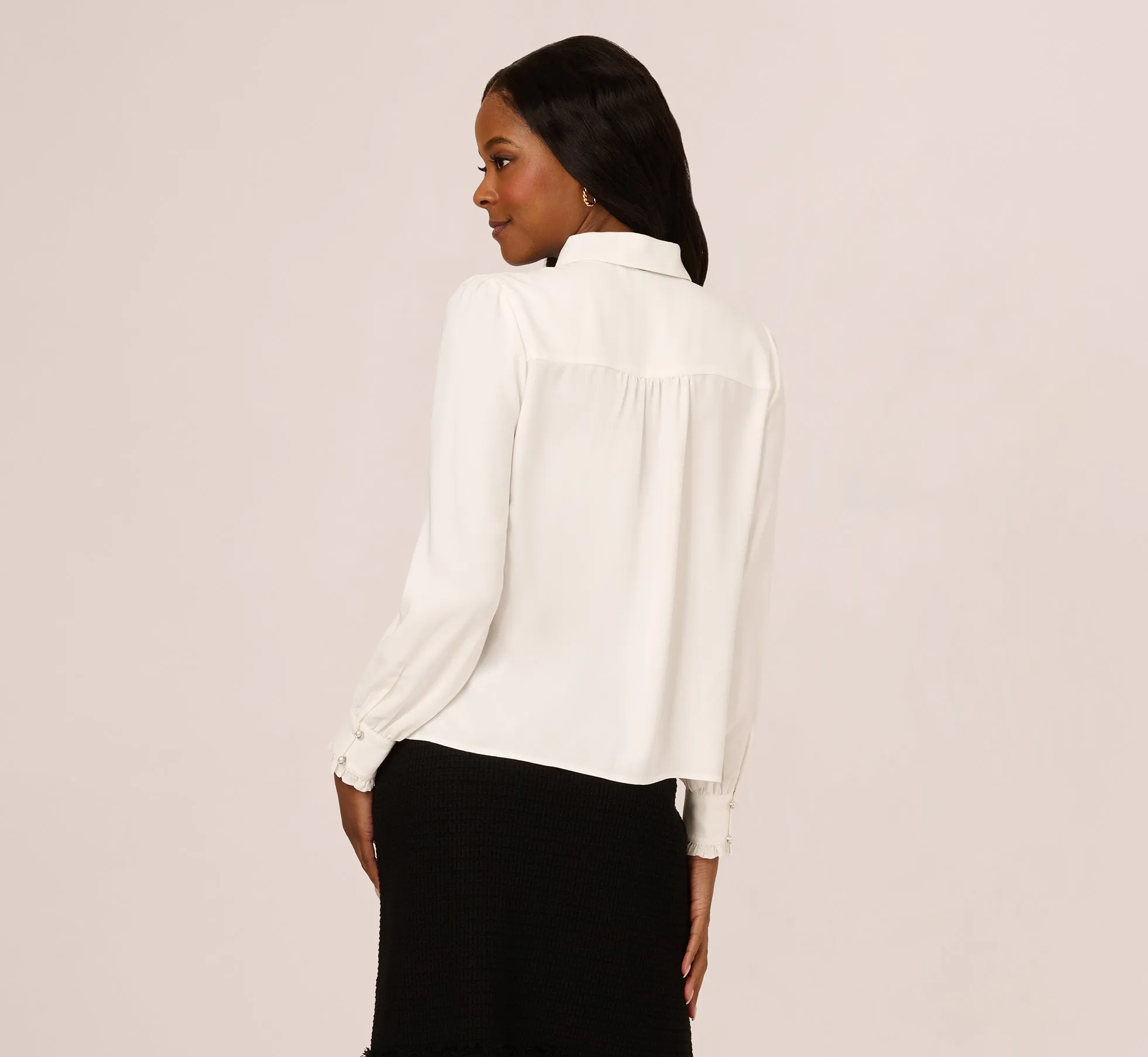 Long Sleeve Collared Tie Neck Blouse In Ivory Black sold by Adrianna Papell product image thumbnail 5