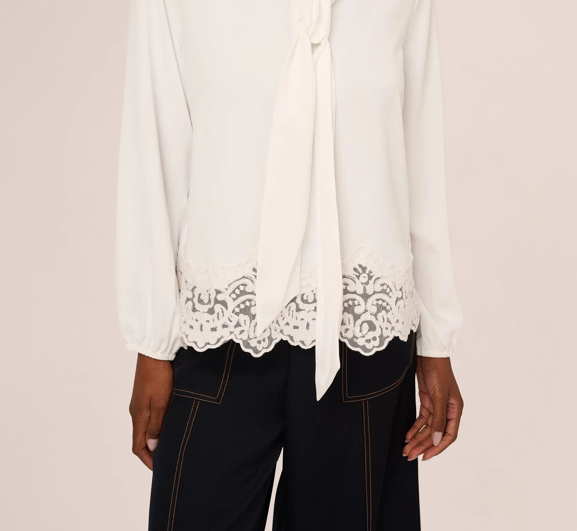 Lace Hem Tie Neck Blouse In Ivory sold by Adrianna Papell product image thumbnail 4