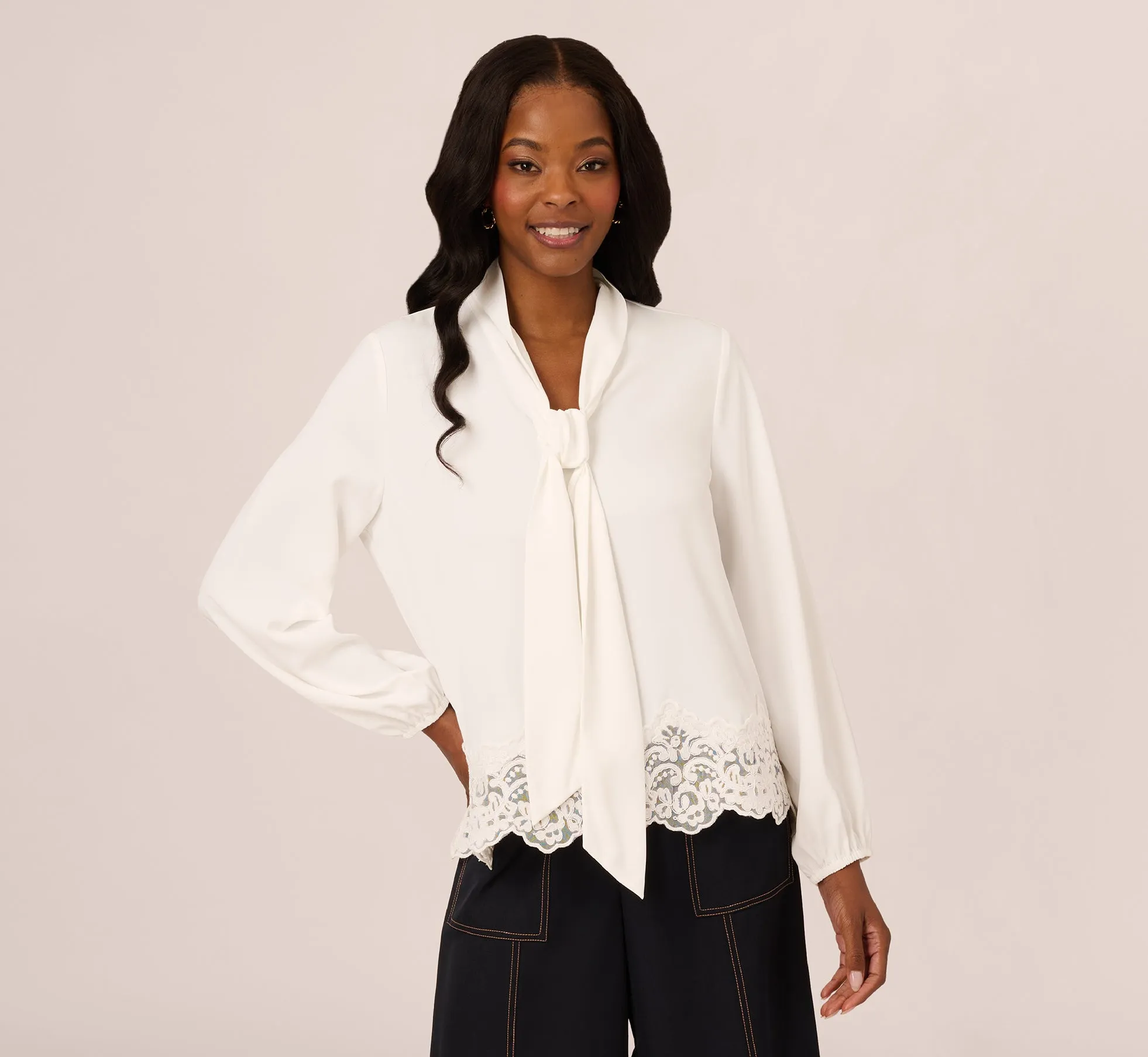 Lace Hem Tie Neck Blouse In Ivory sold by Adrianna Papell