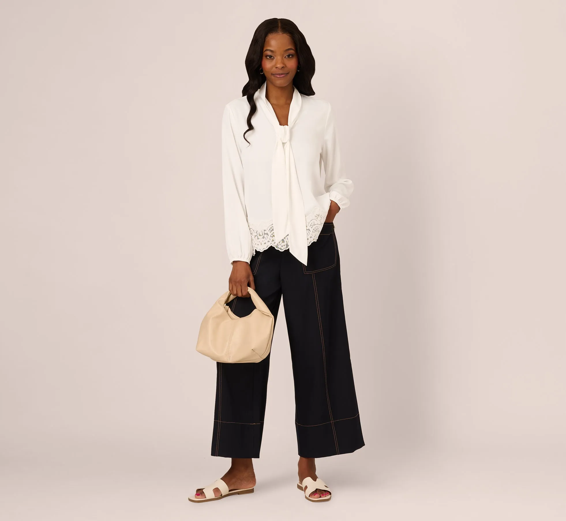 Lace Hem Tie Neck Blouse In Ivory sold by Adrianna Papell product image thumbnail 2