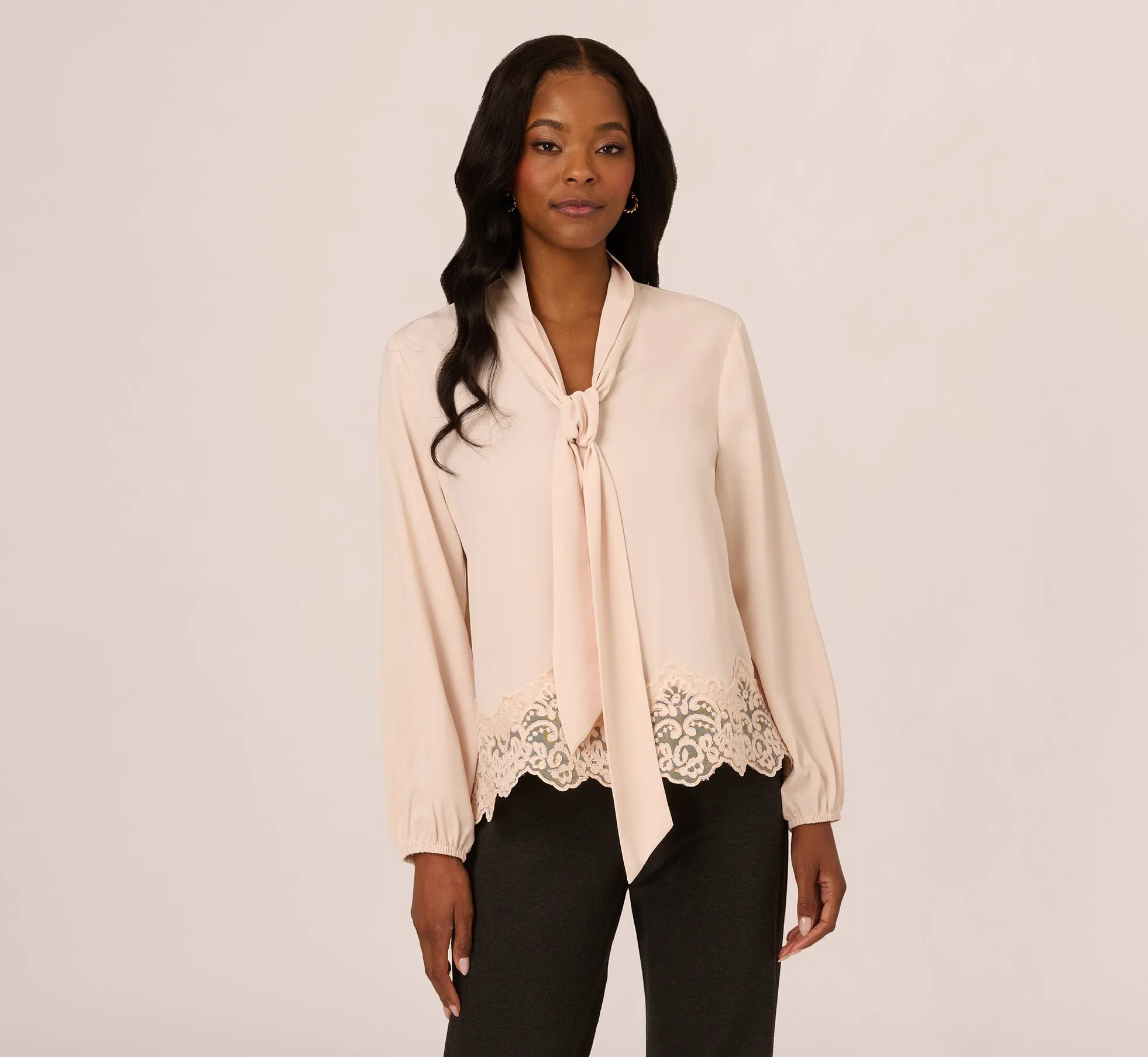 Lace Hem Tie Neck Blouse In Powder Blush sold by Adrianna Papell