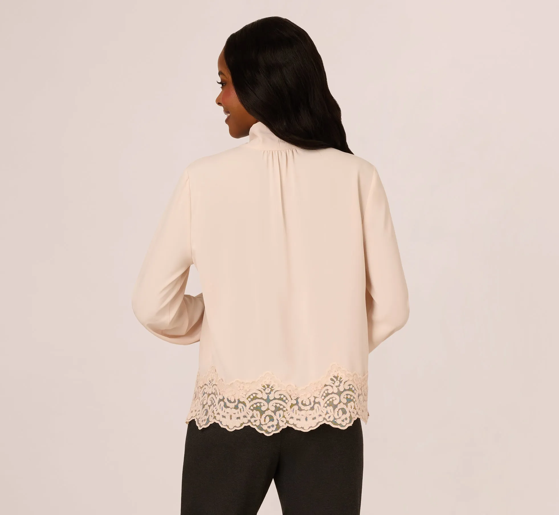 Lace Hem Tie Neck Blouse In Powder Blush sold by Adrianna Papell product image thumbnail 5