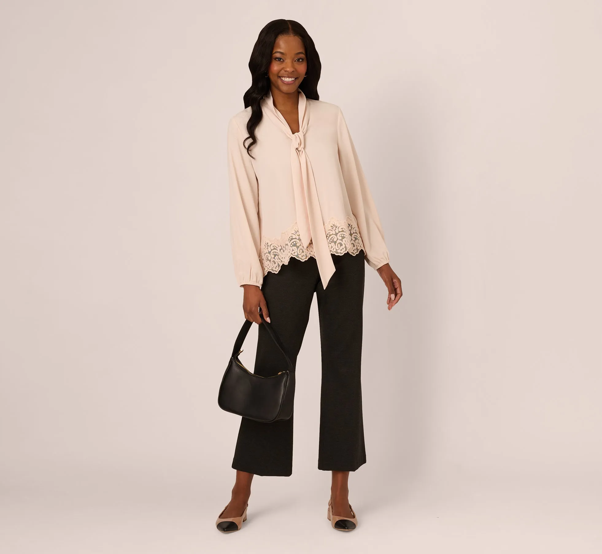 Lace Hem Tie Neck Blouse In Powder Blush sold by Adrianna Papell product image thumbnail 2