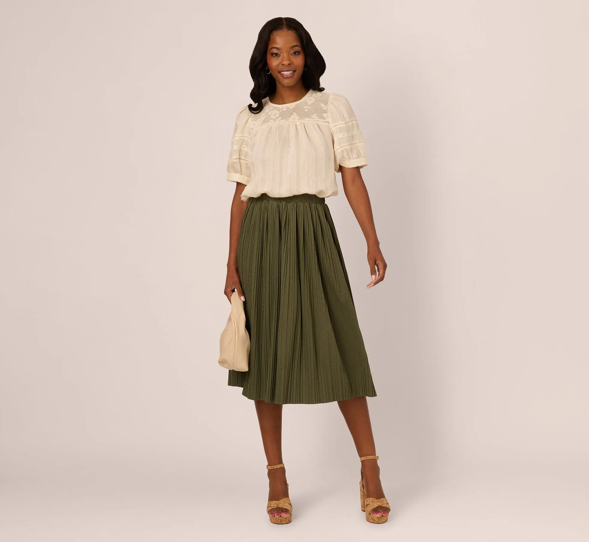 Micropleated Printed A Line Midi Skirt In Olivine sold by Adrianna Papell product image thumbnail 2