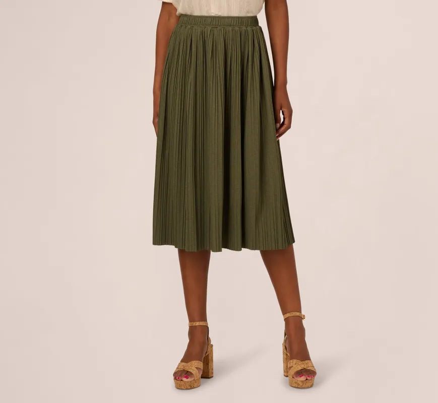 Micropleated Printed A Line Midi Skirt In Olivine sold by Adrianna Papell
