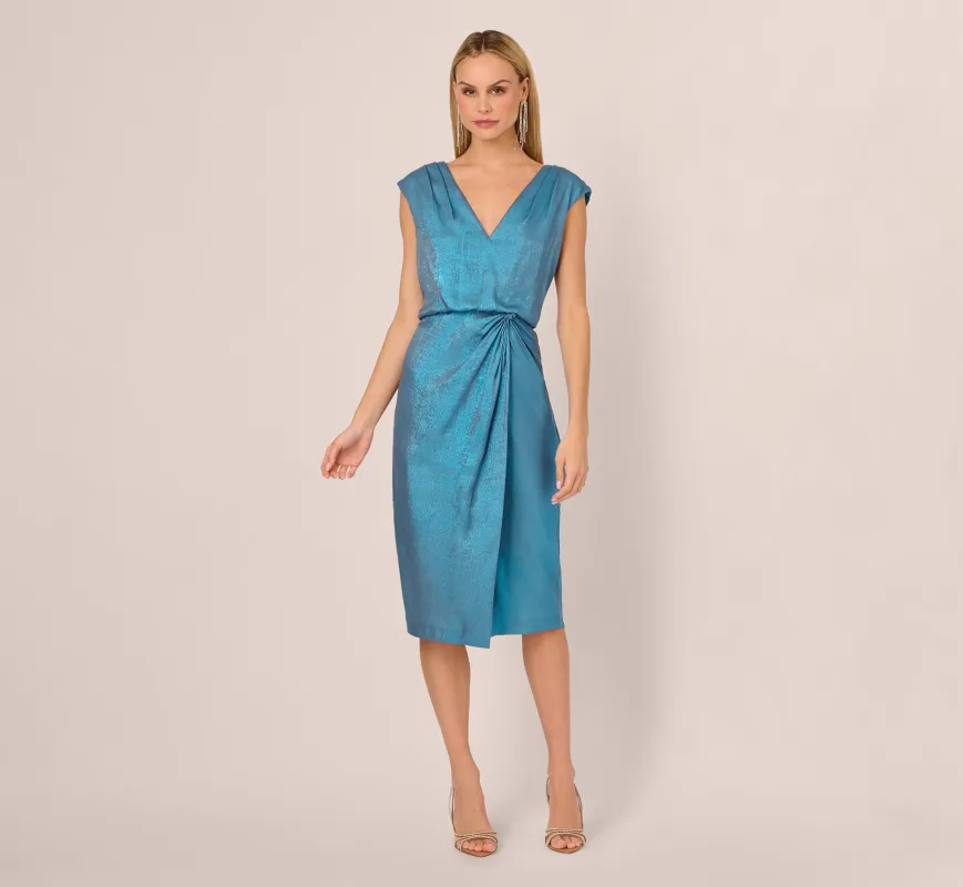 Foil Blouson Midi Dress With Faux Wrap Skirt In Ocean Dream sold by Adrianna Papell
