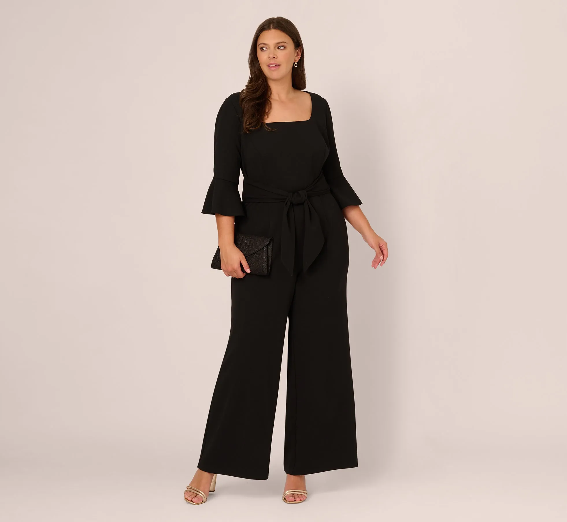 Plus Size Knit Crepe Wide Leg Jumpsuit With Bell Sleeves In Black sold by Adrianna Papell product image thumbnail 2