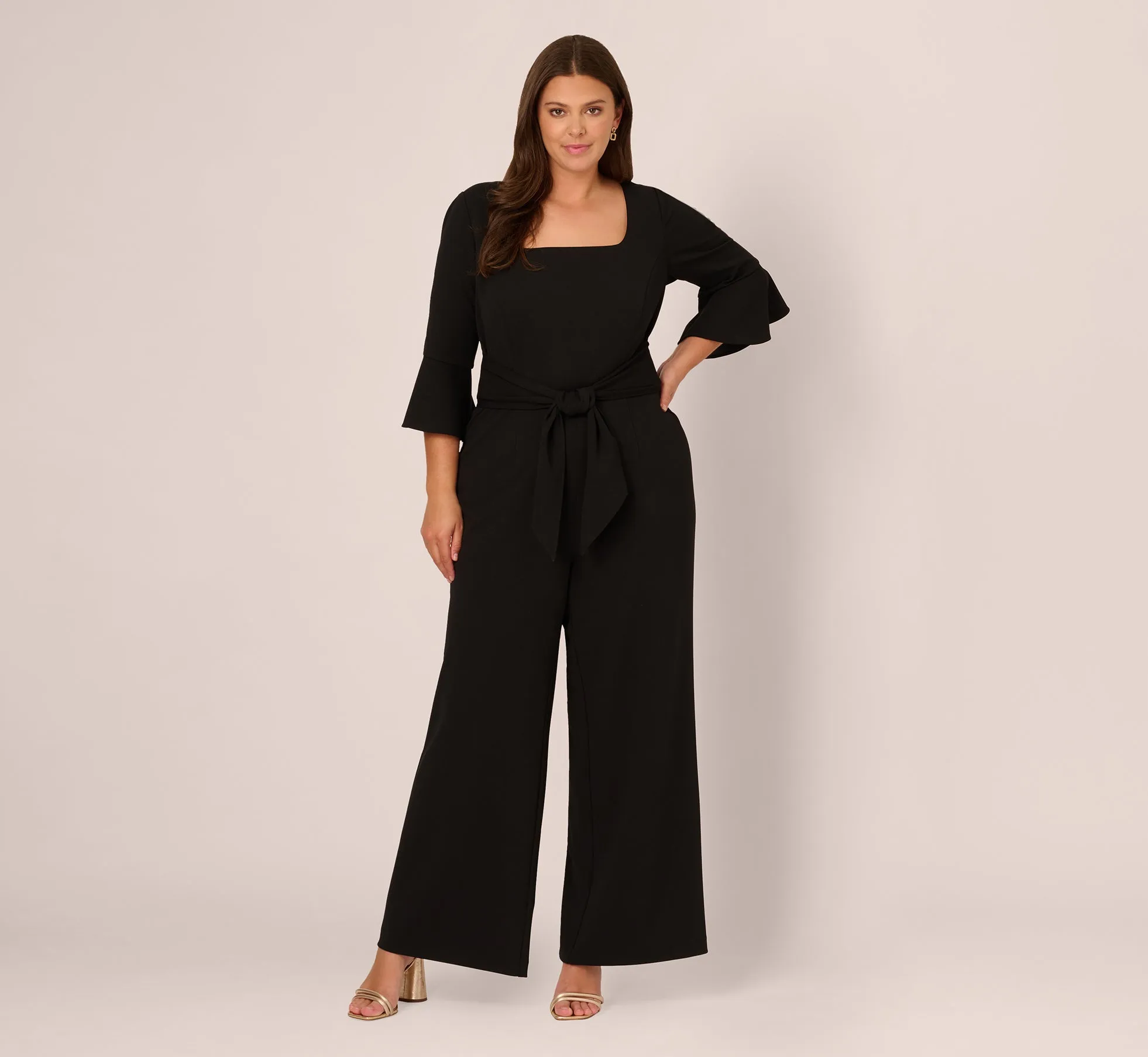Plus Size Knit Crepe Wide Leg Jumpsuit With Bell Sleeves In Black sold by Adrianna Papell