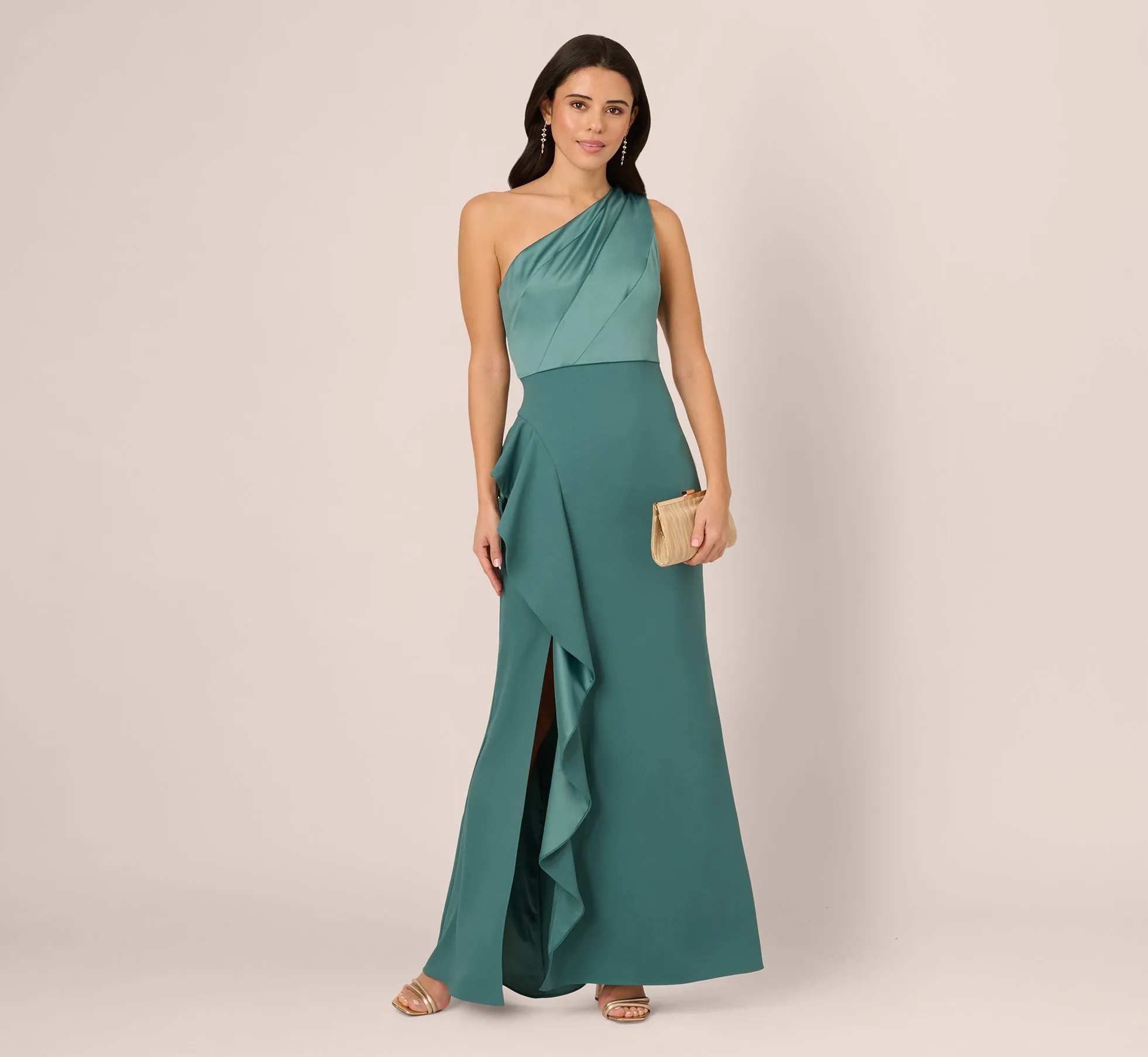 One-Shoulder Long Satin Crepe Mermaid Gown In Green Slate sold by Adrianna Papell product image thumbnail 2
