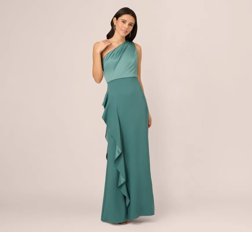 One-Shoulder Long Satin Crepe Mermaid Gown In Green Slate made by Adrianna Papell