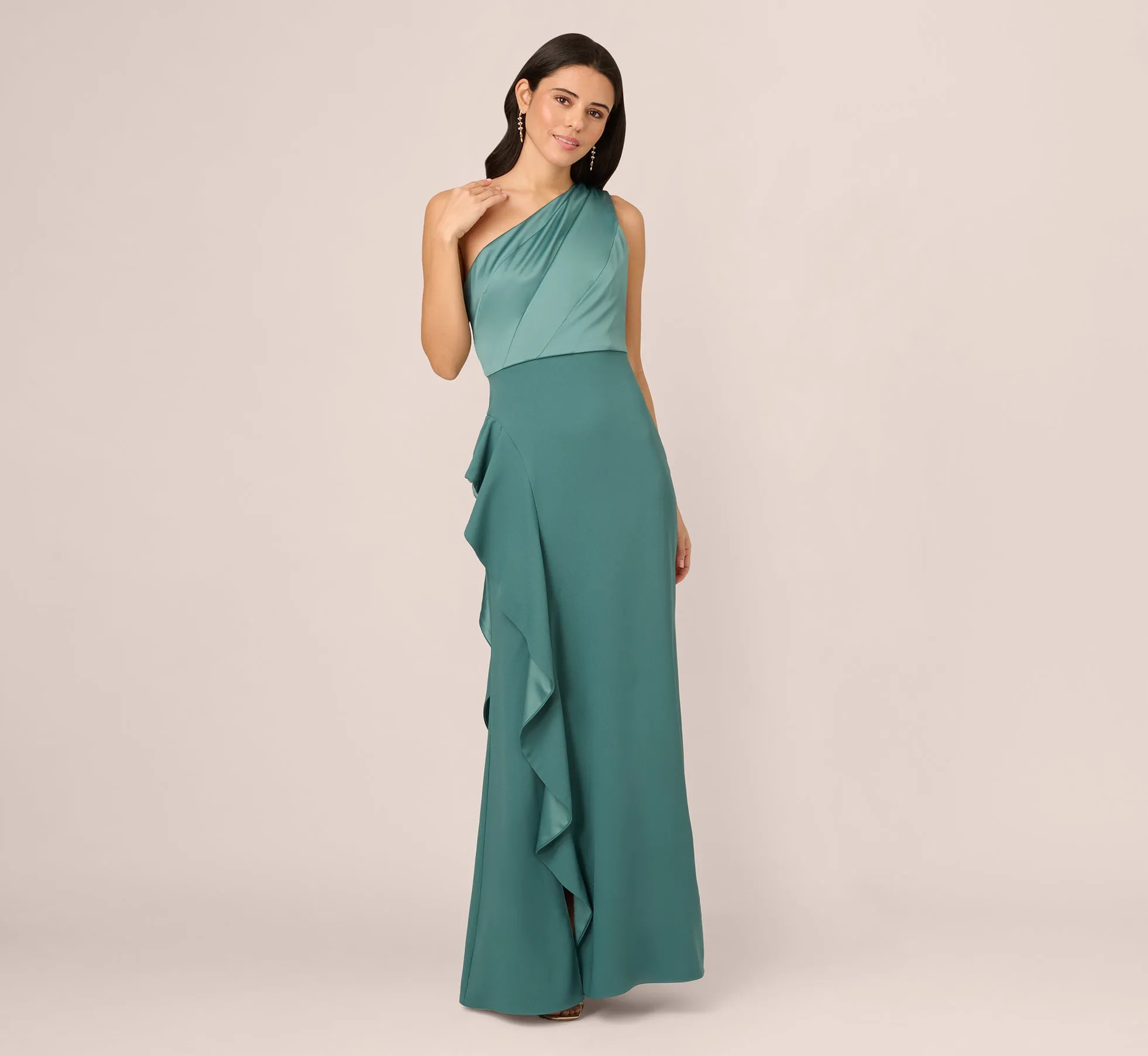 One-Shoulder Long Satin Crepe Mermaid Gown In Green Slate sold by Adrianna Papell