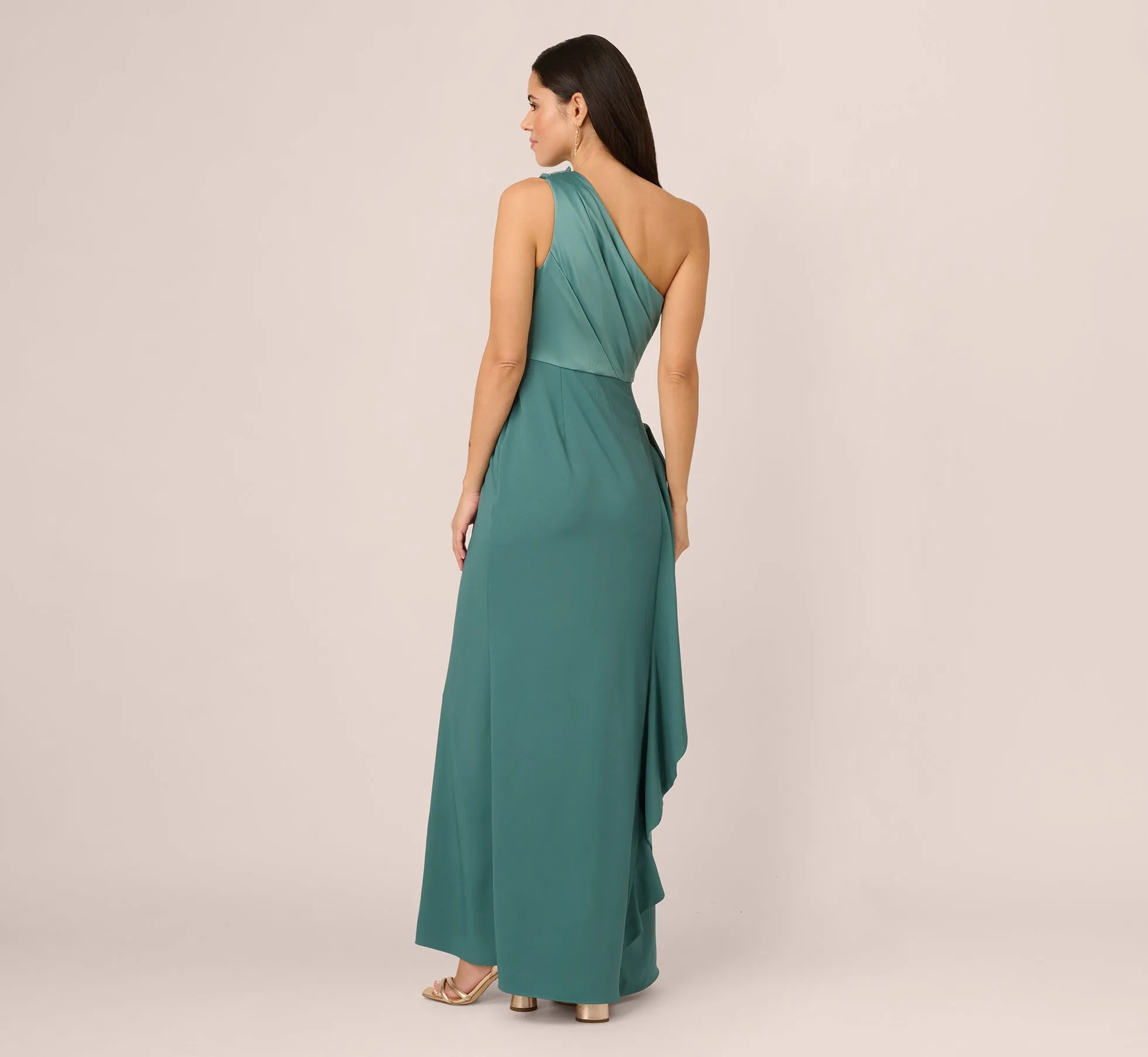 One-Shoulder Long Satin Crepe Mermaid Gown In Green Slate sold by Adrianna Papell product image thumbnail 5