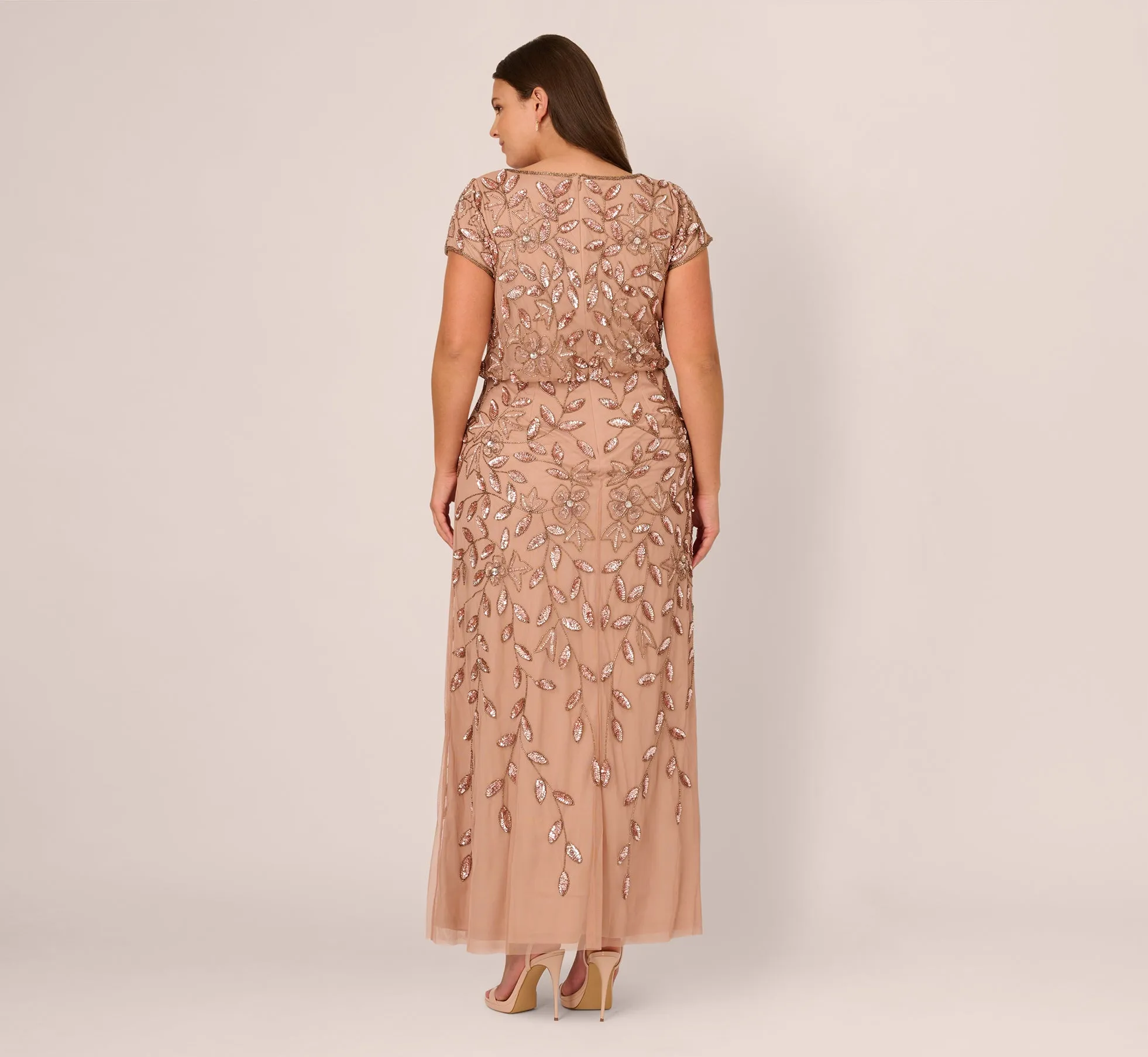 Plus Size Blouson Short Sleeve Beaded Long Dress In Rose Gold sold by Adrianna Papell product image thumbnail 5