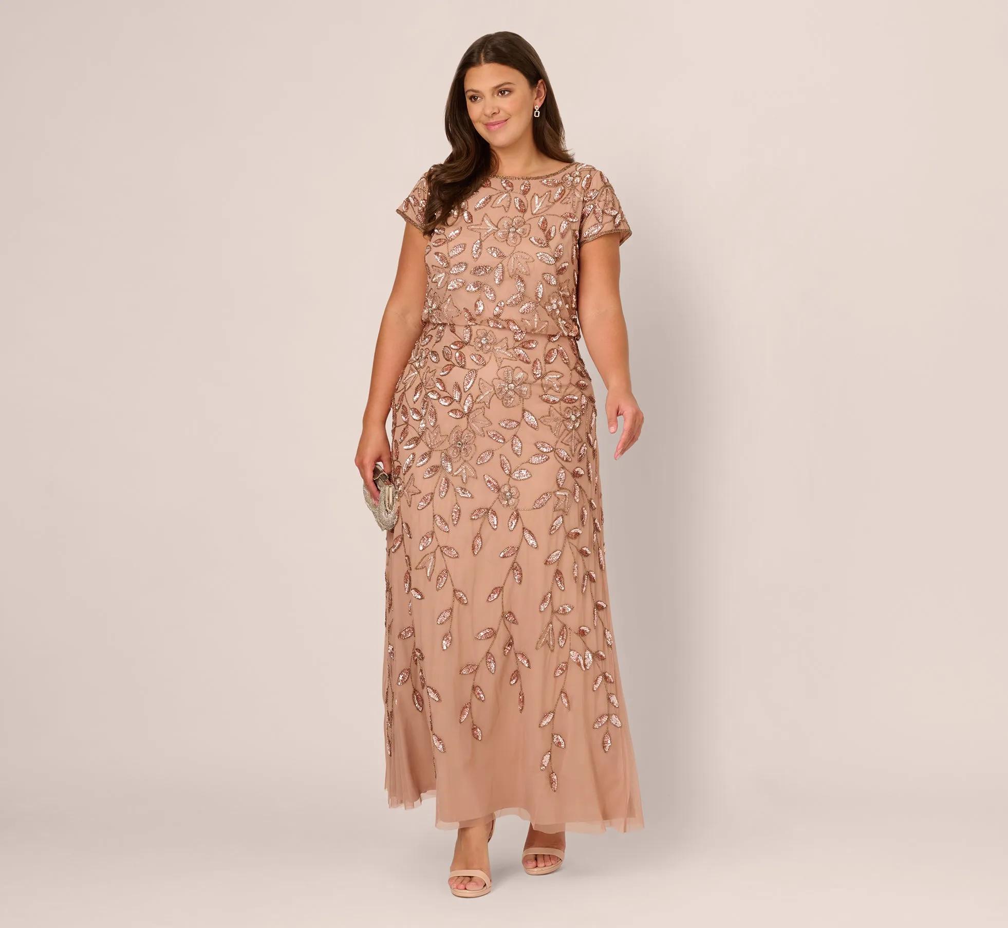 Plus Size Blouson Short Sleeve Beaded Long Dress In Rose Gold sold by Adrianna Papell product image thumbnail 2