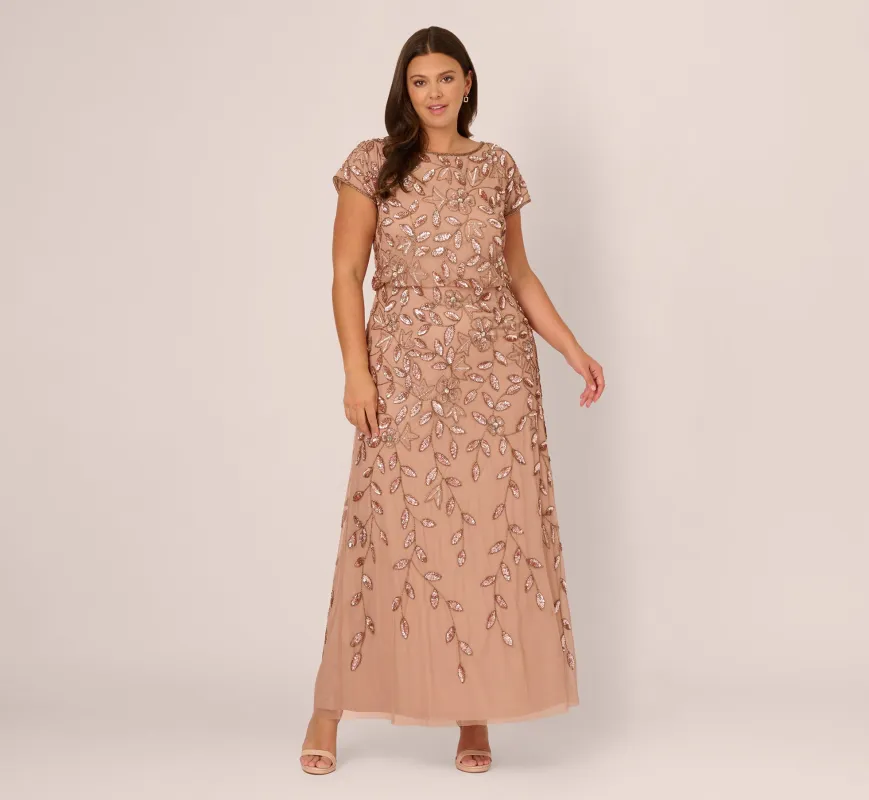 Plus Size Blouson Short Sleeve Beaded Long Dress In Rose Gold sold by Adrianna Papell