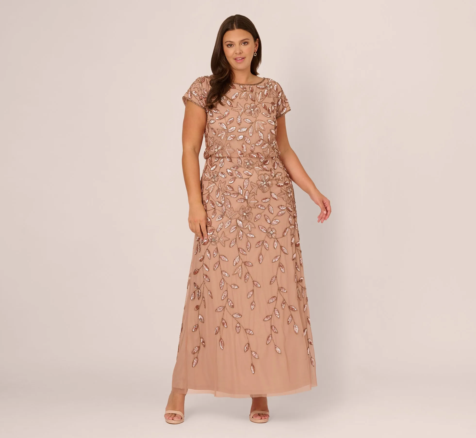 Plus Size Blouson Short Sleeve Beaded Long Dress In Rose Gold sold by Adrianna Papell