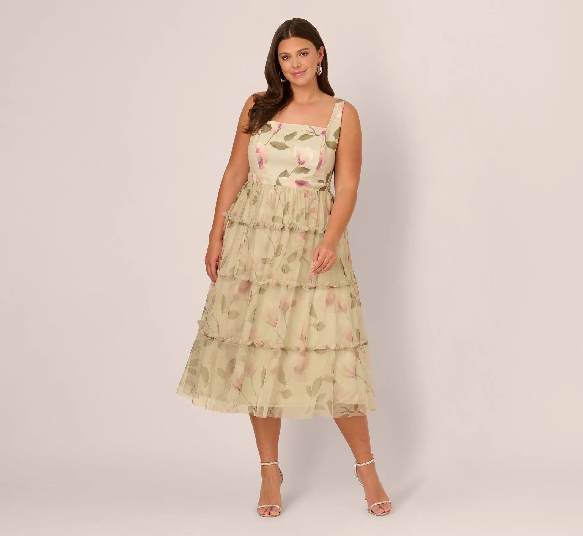 Plus Size Sleeveless Square Neck Floral Tiered Midi Dress In Green Multi sold by Adrianna Papell