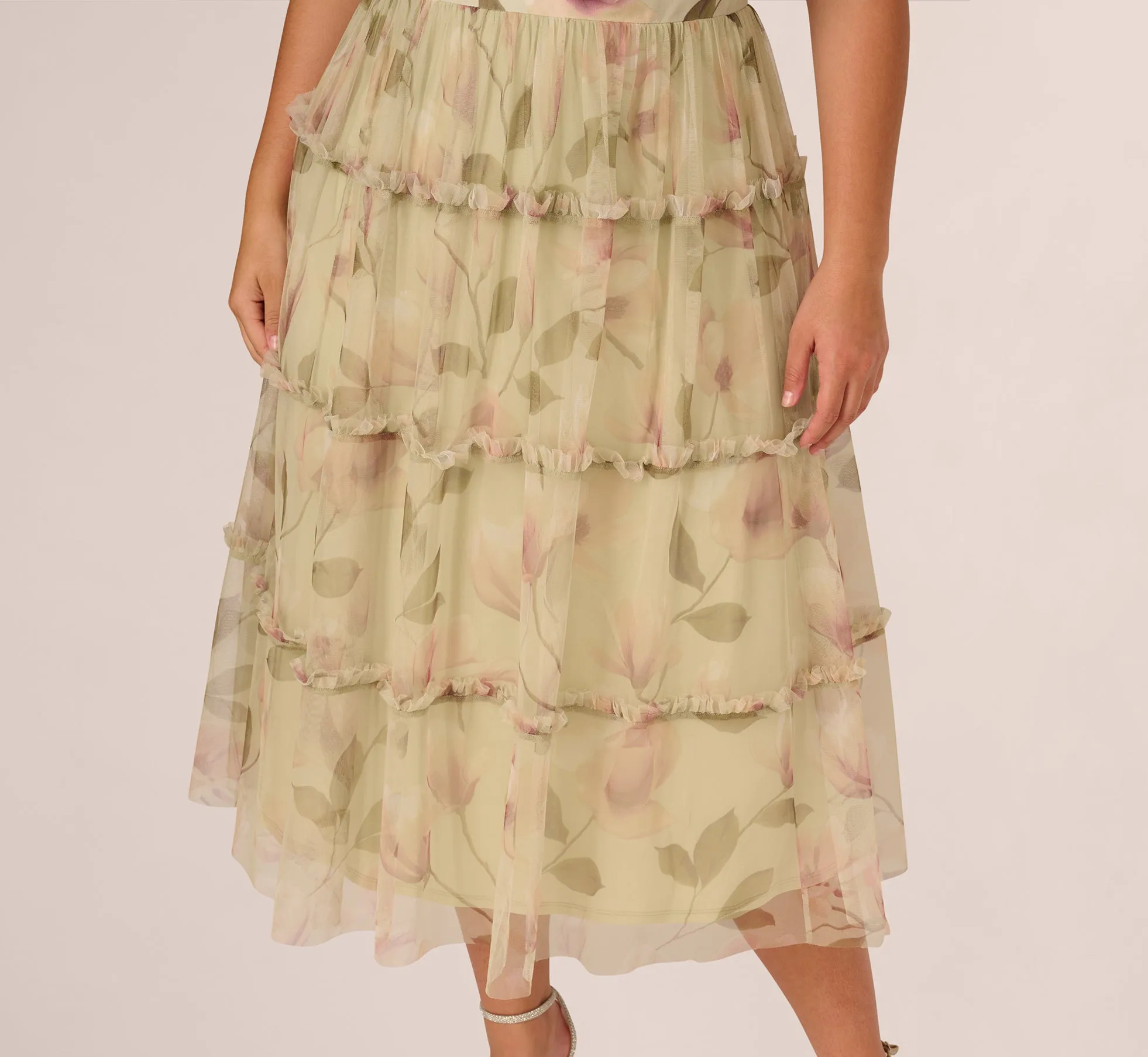Plus Size Sleeveless Square Neck Floral Tiered Midi Dress In Green Multi sold by Adrianna Papell product image thumbnail 4