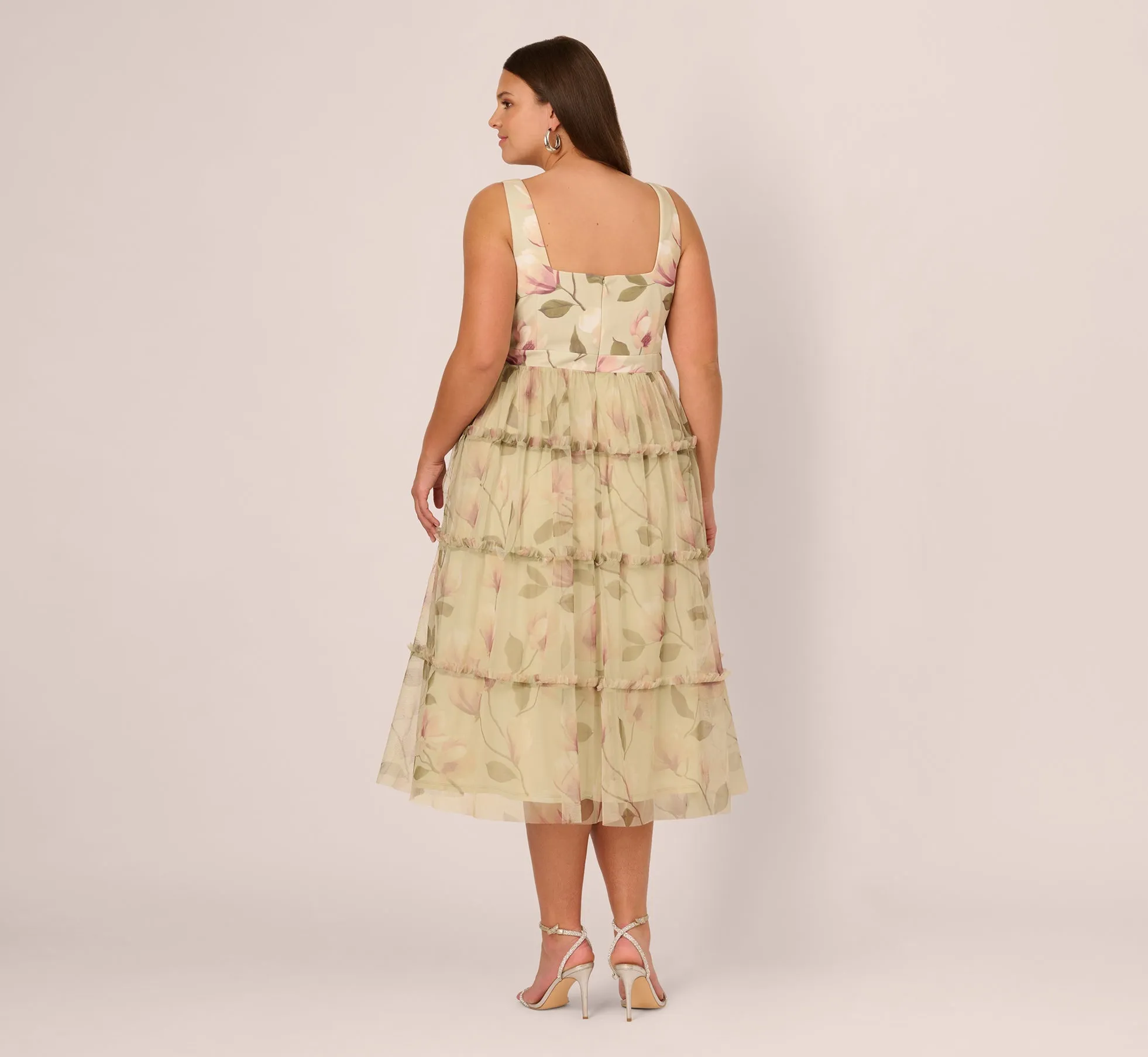 Plus Size Sleeveless Square Neck Floral Tiered Midi Dress In Green Multi sold by Adrianna Papell product image thumbnail 5