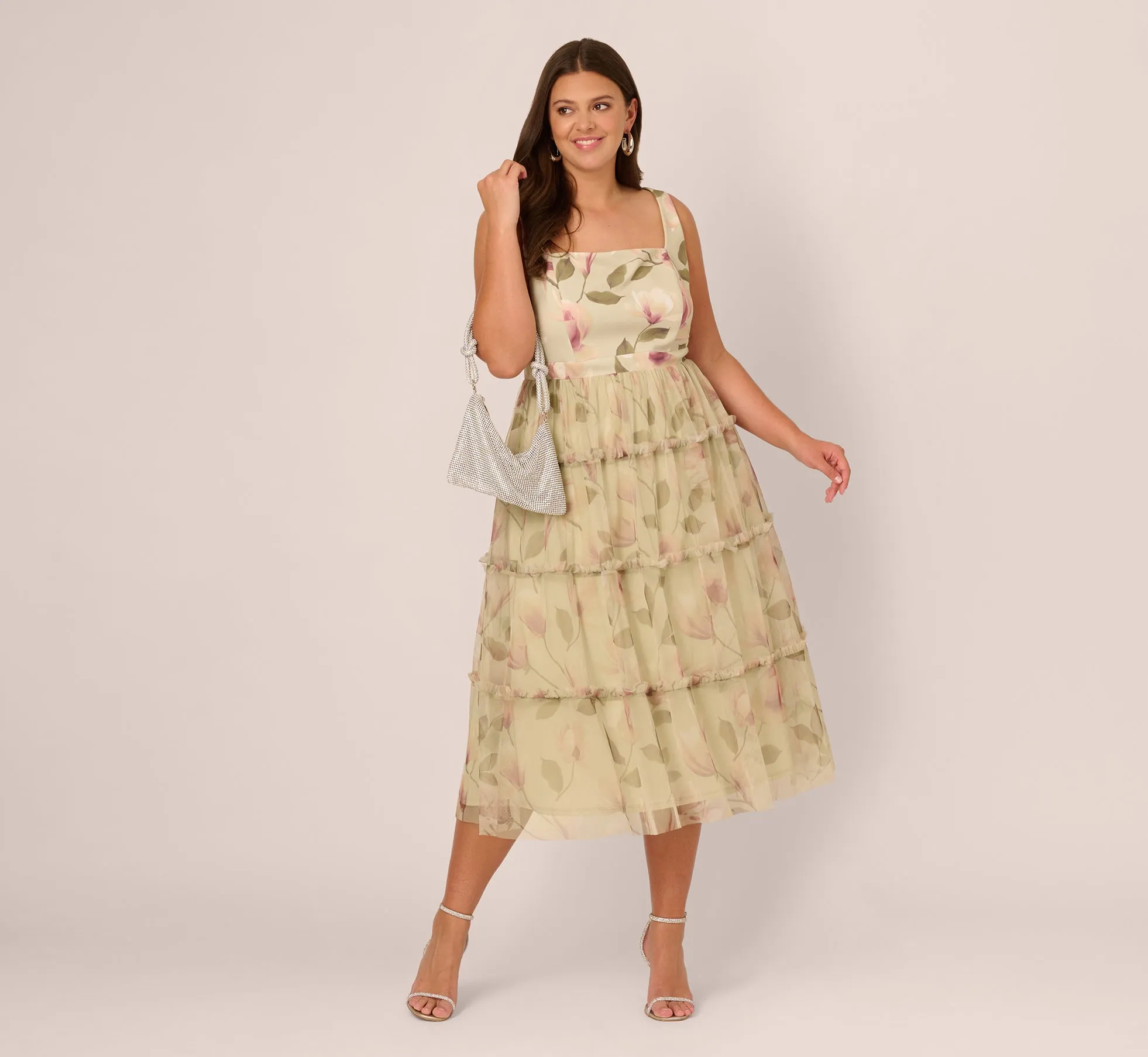 Plus Size Sleeveless Square Neck Floral Tiered Midi Dress In Green Multi sold by Adrianna Papell product image thumbnail 2