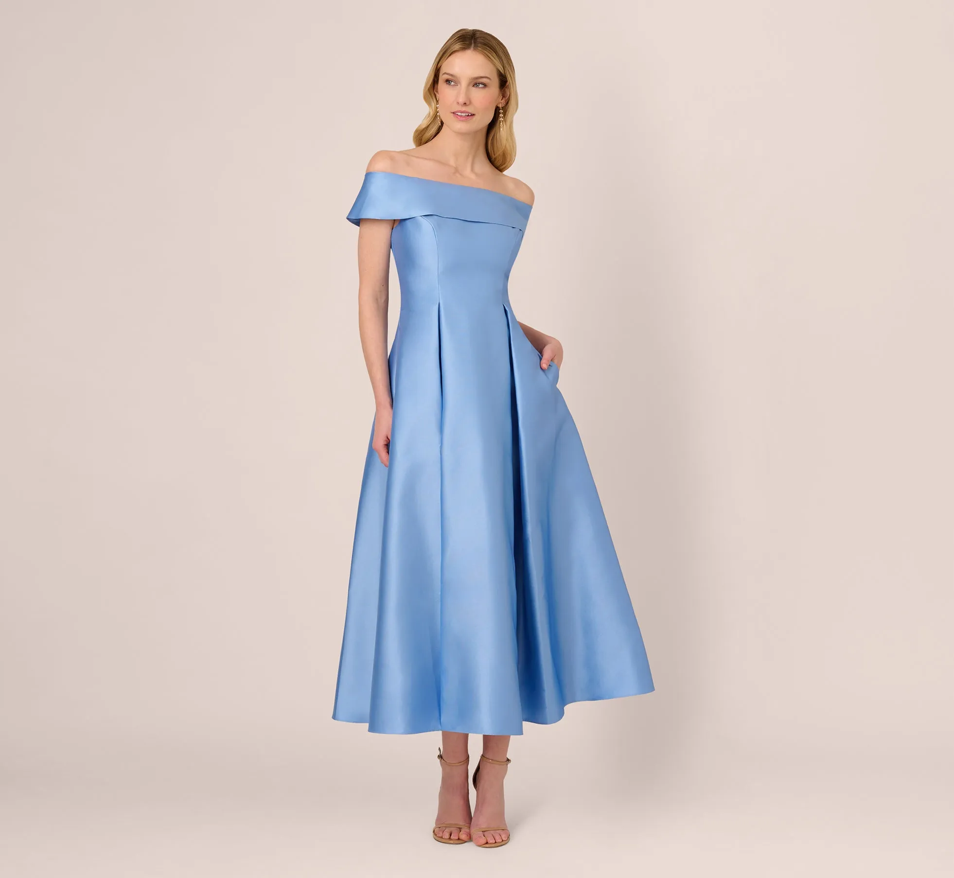 Off Shoulder Mikado Fit And Flare Midi Dress In Bluebell sold by Adrianna Papell