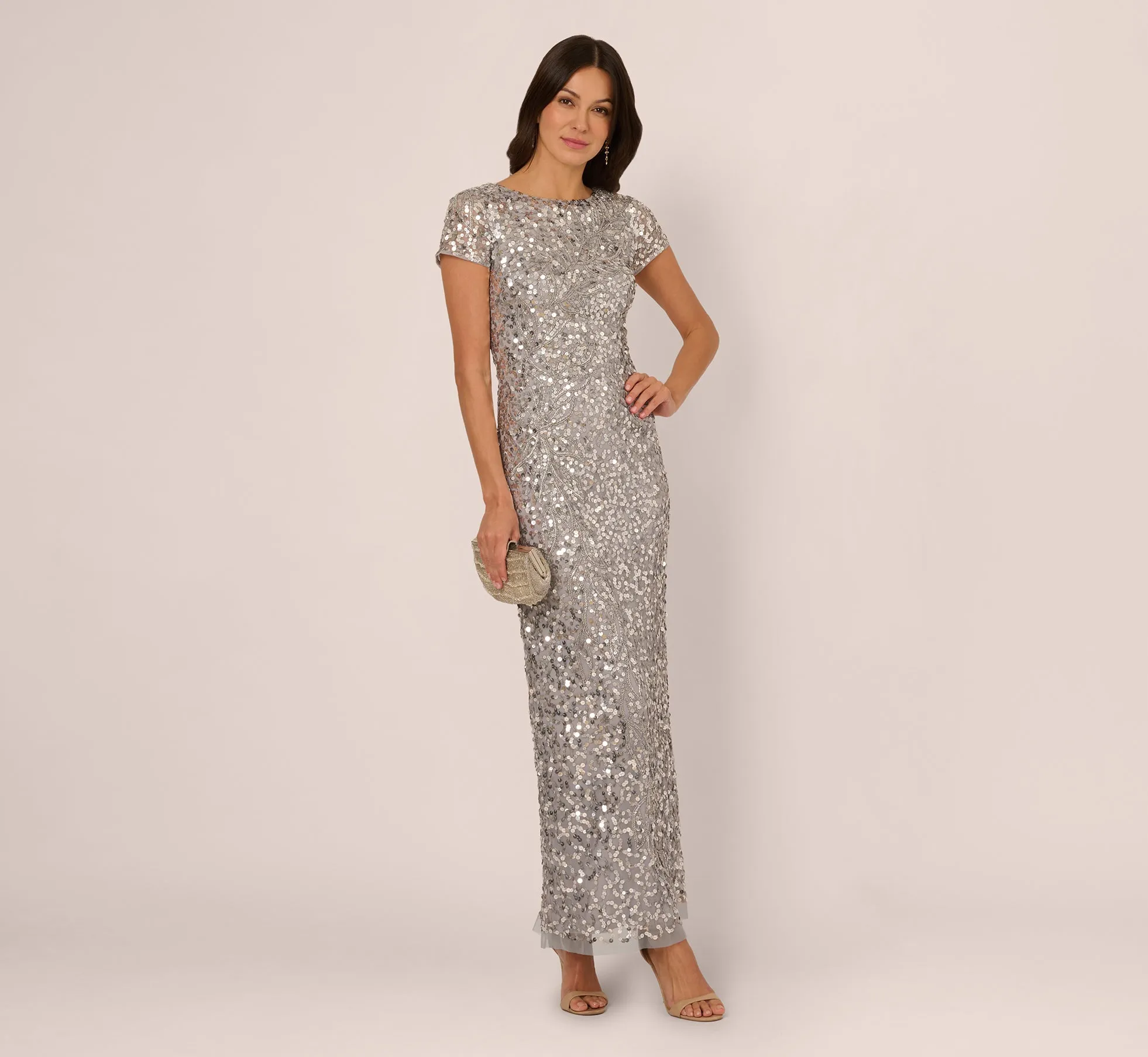 Short Sleeve Bead And Sequin Gown In Silver Mist sold by Adrianna Papell product image thumbnail 2