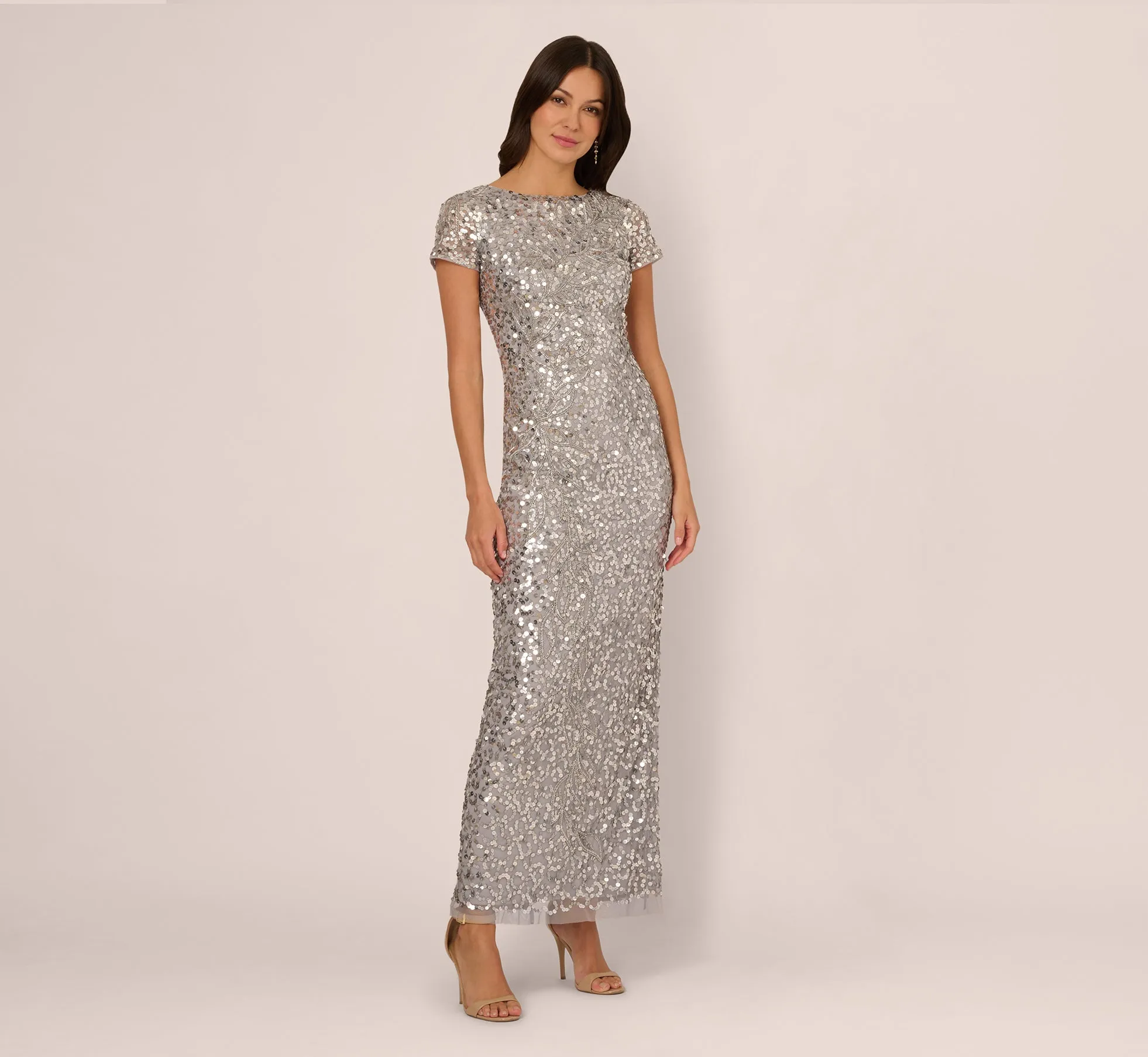 Short Sleeve Bead And Sequin Gown In Silver Mist sold by Adrianna Papell