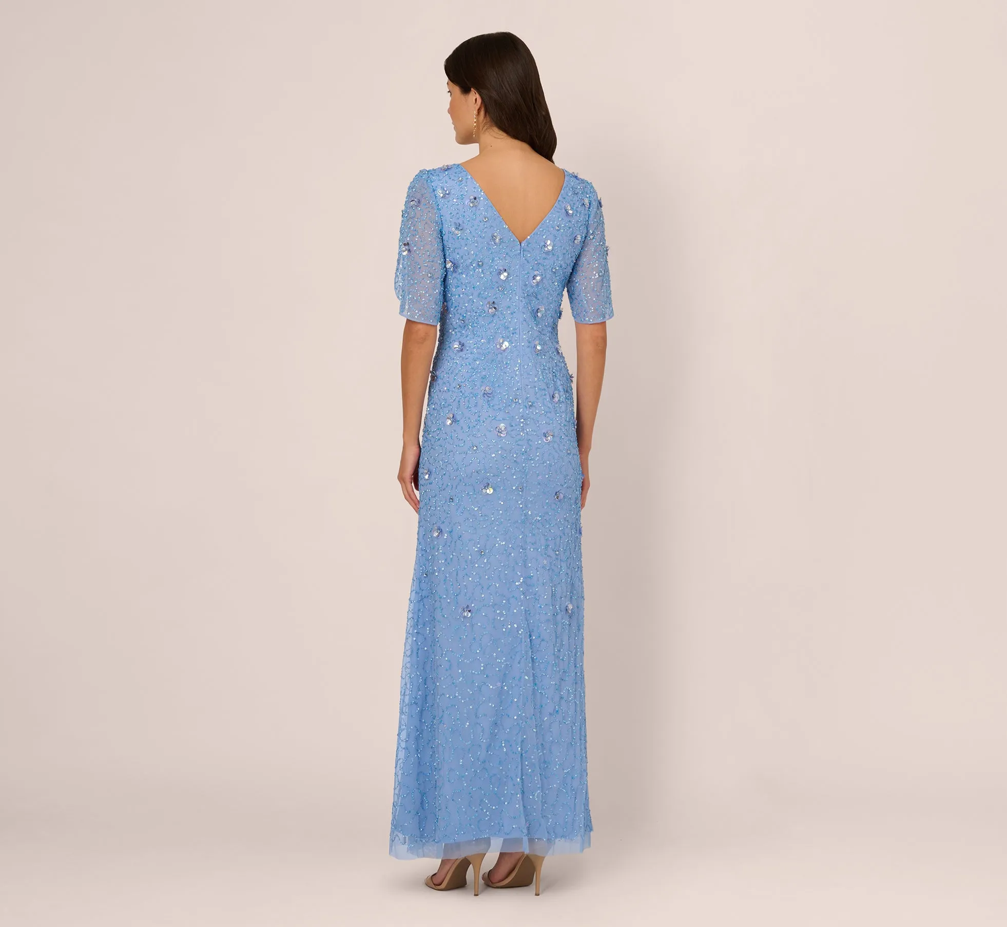 Tulip Sleeve 3D Floral Beaded Mermaid Dress In Bluebell sold by Adrianna Papell product image thumbnail 5