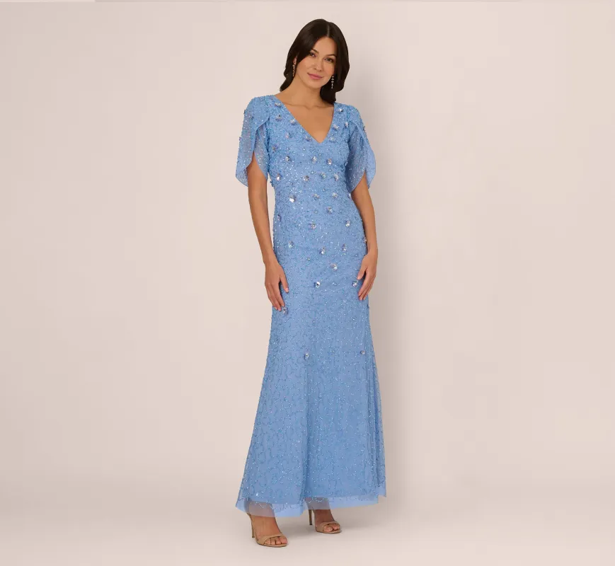 Tulip Sleeve 3D Floral Beaded Mermaid Dress In Bluebell sold by Adrianna Papell