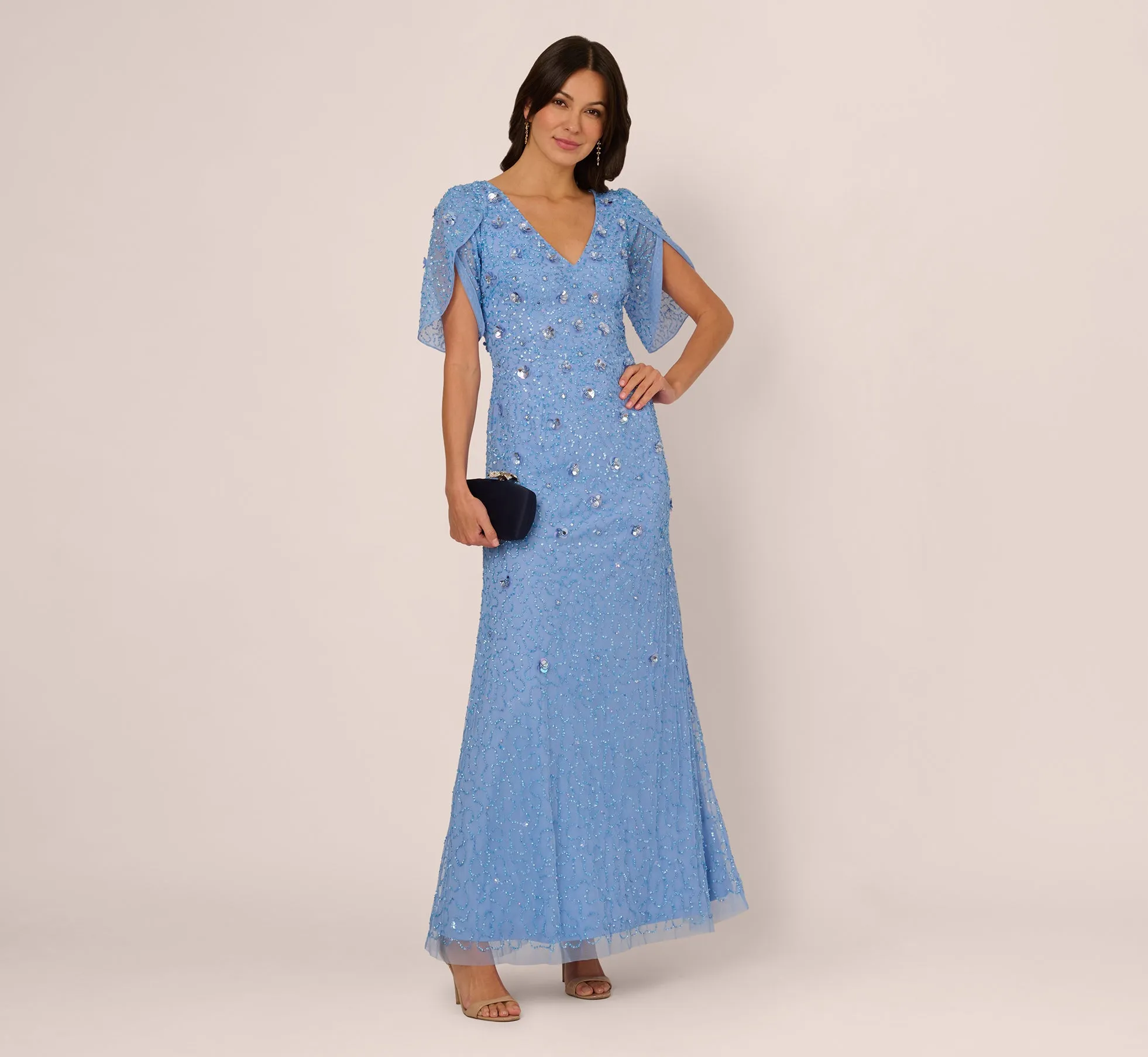 Tulip Sleeve 3D Floral Beaded Mermaid Dress In Bluebell sold by Adrianna Papell product image thumbnail 2