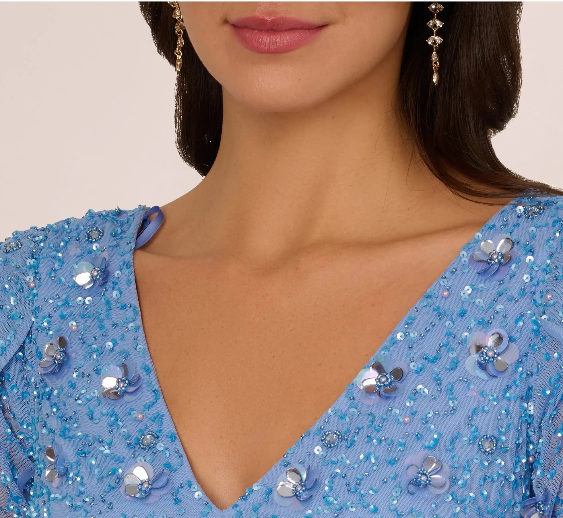 Tulip Sleeve 3D Floral Beaded Mermaid Dress In Bluebell sold by Adrianna Papell product image thumbnail 4