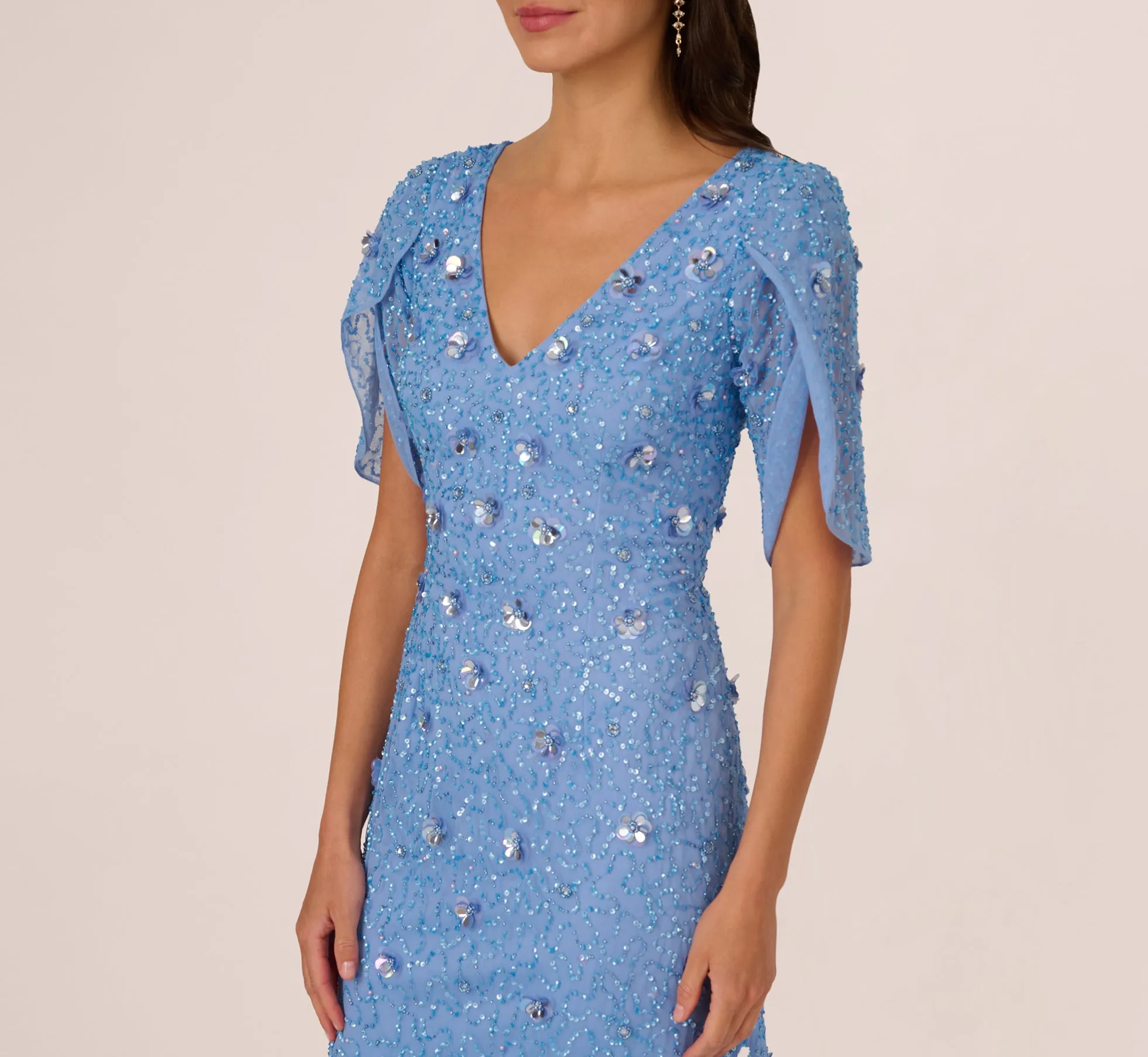 Tulip Sleeve 3D Floral Beaded Mermaid Dress In Bluebell sold by Adrianna Papell product image thumbnail 3