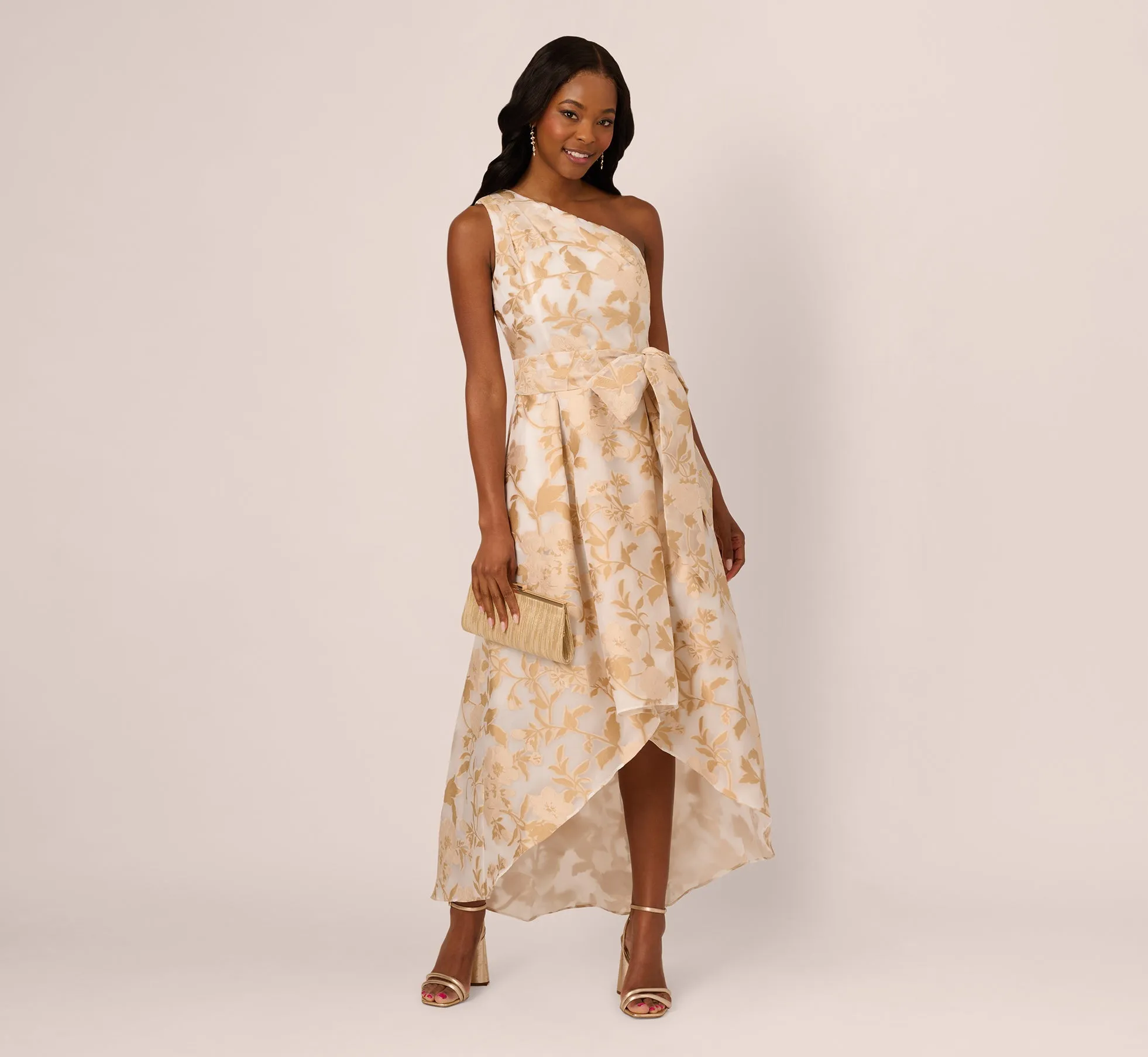 One Shoulder Organza Jacquard High Low Gown In Champagne Ivory sold by Adrianna Papell product image thumbnail 2