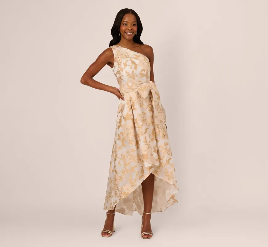 One Shoulder Organza Jacquard High Low Gown In Champagne Ivory sold by Adrianna Papell