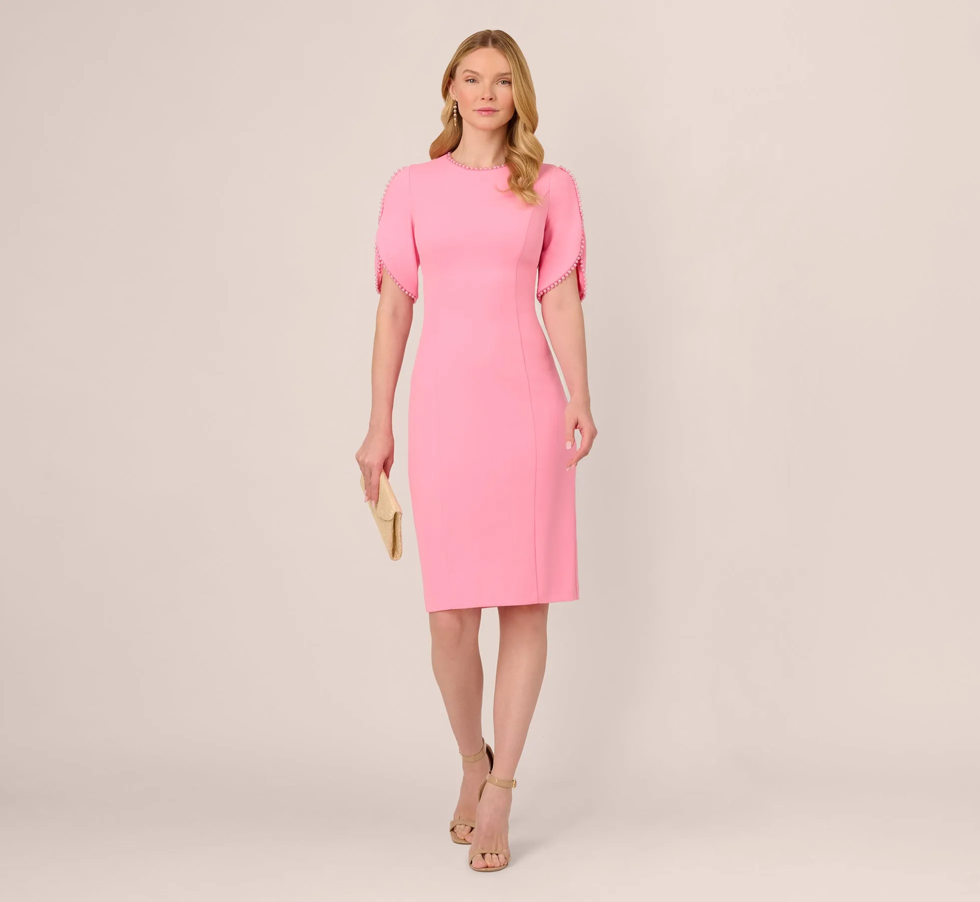 Crepe Midi Length Sheath Dress With Pearl Trimmed Sleeves In Cherry Blossom sold by Adrianna Papell product image thumbnail 2