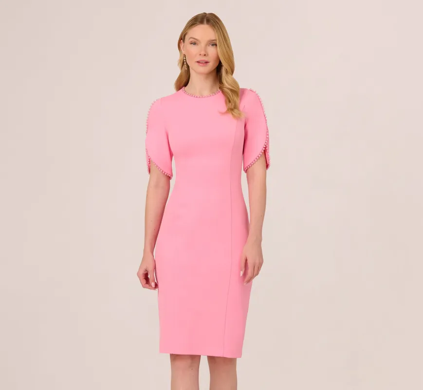 Crepe Midi Length Sheath Dress With Pearl Trimmed Sleeves In Cherry Blossom sold by Adrianna Papell
