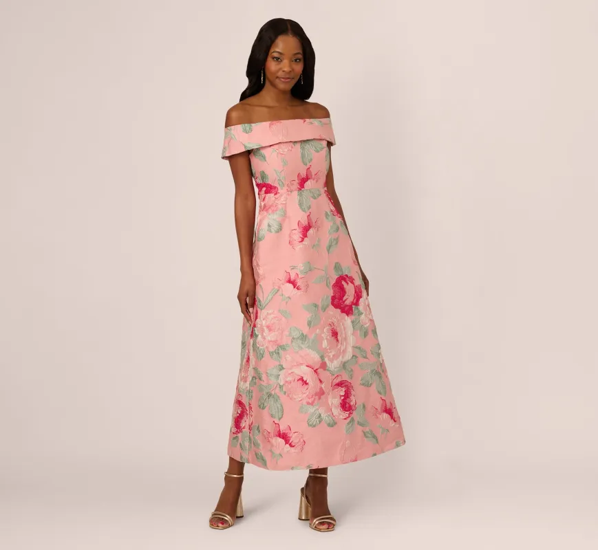 Off Shoulder Floral Jacquard Fit And Flare Gown In Pink Multi made by Adrianna Papell