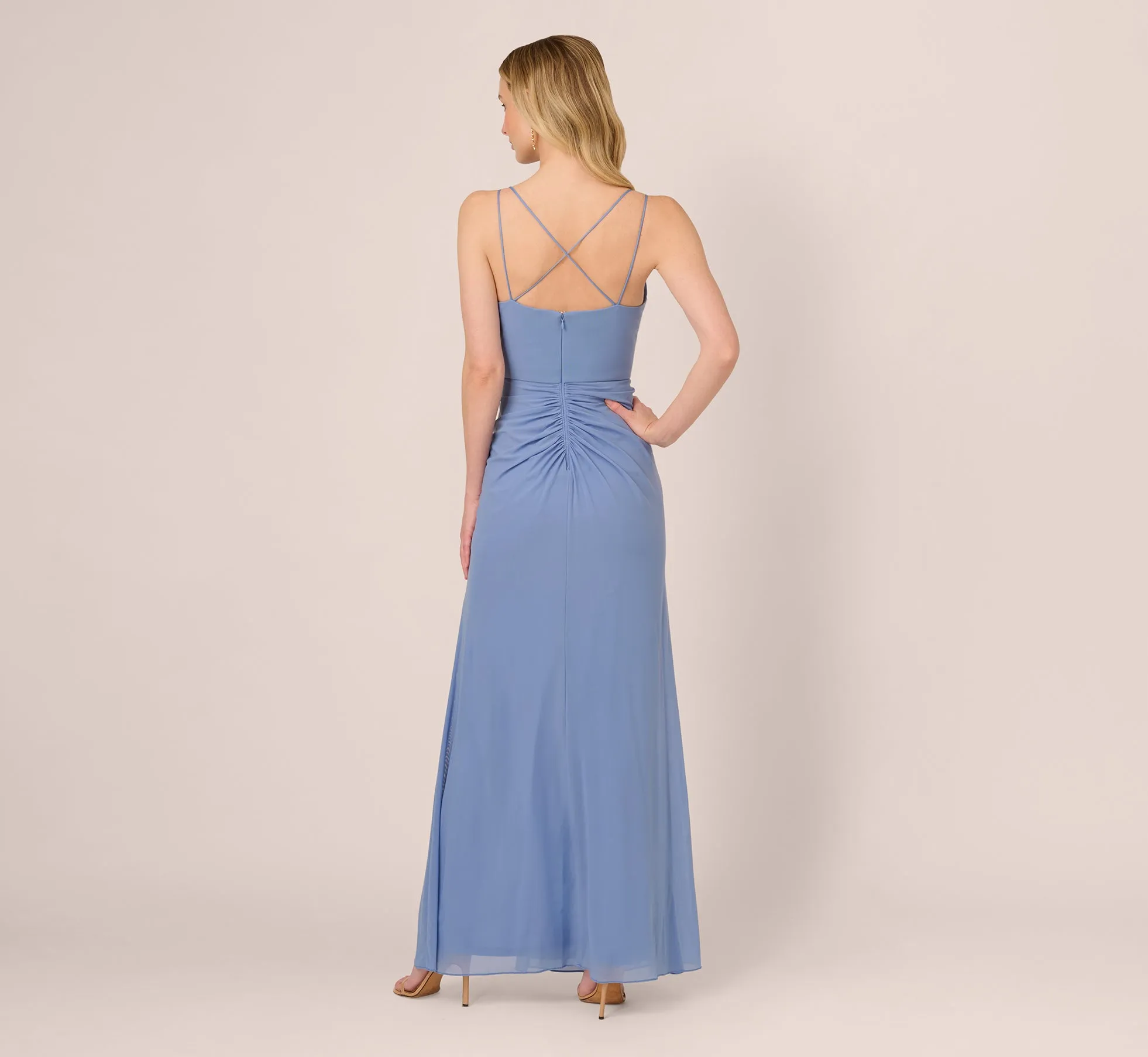 Sleeveless Mesh Gathered And Draped Gown In French Blue sold by Adrianna Papell product image thumbnail 5