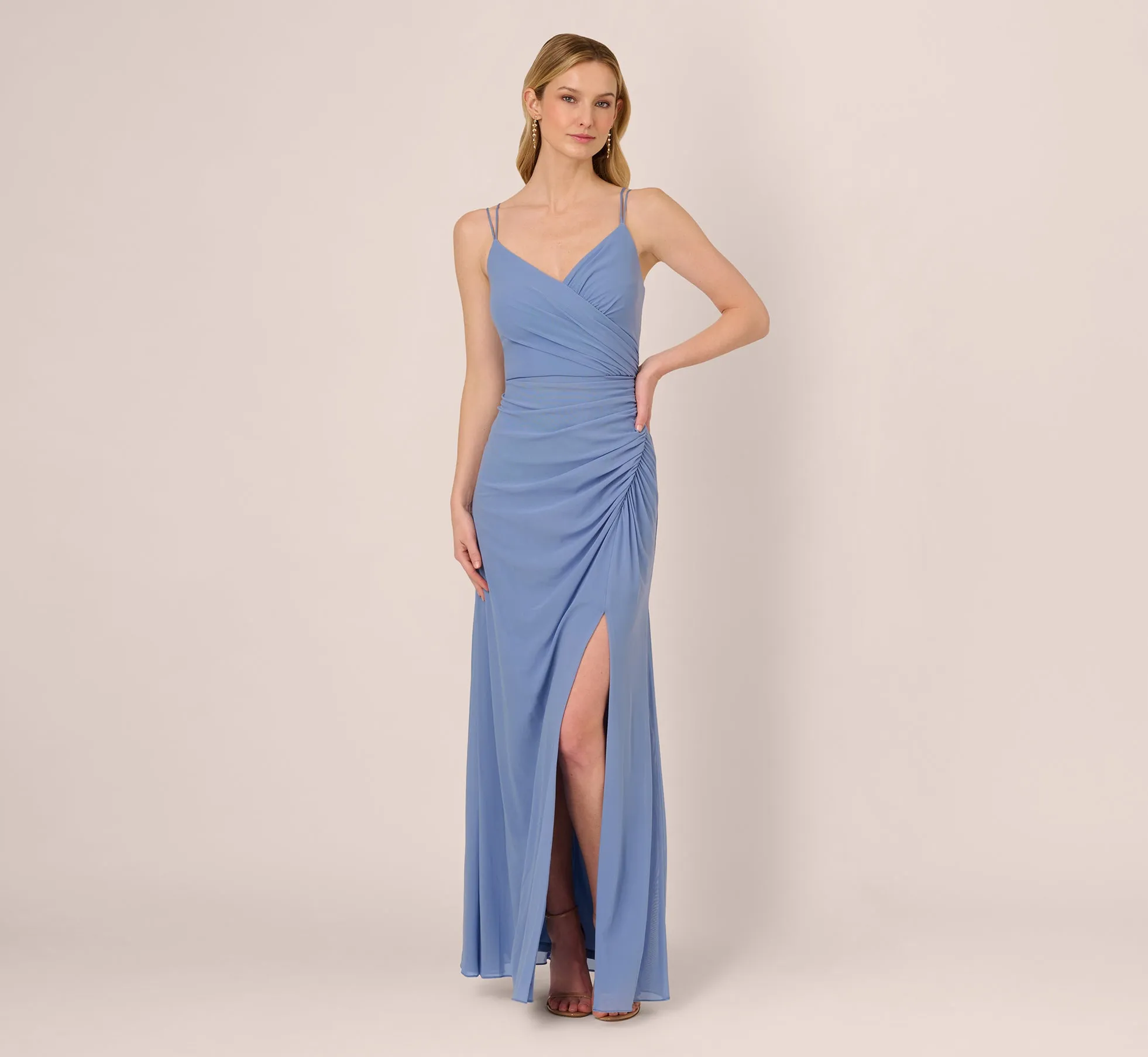 Sleeveless Mesh Gathered And Draped Gown In French Blue sold by Adrianna Papell